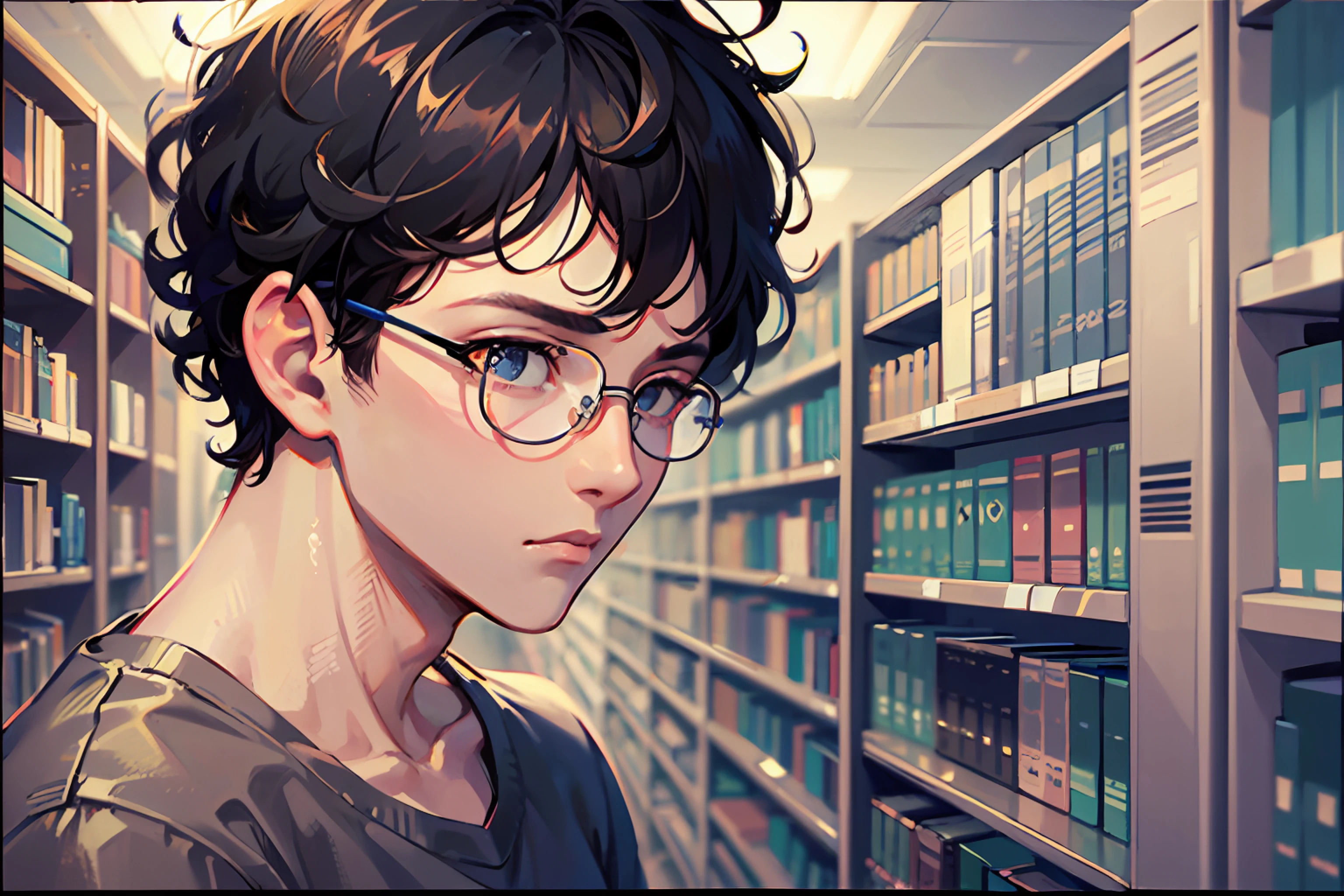 a college boy with skinny body, wearing grey shirt and short pants, eyeglasses, short curly hair, lost hope, sad face, side view, library, super detailing, super detail of face, painting style, high res