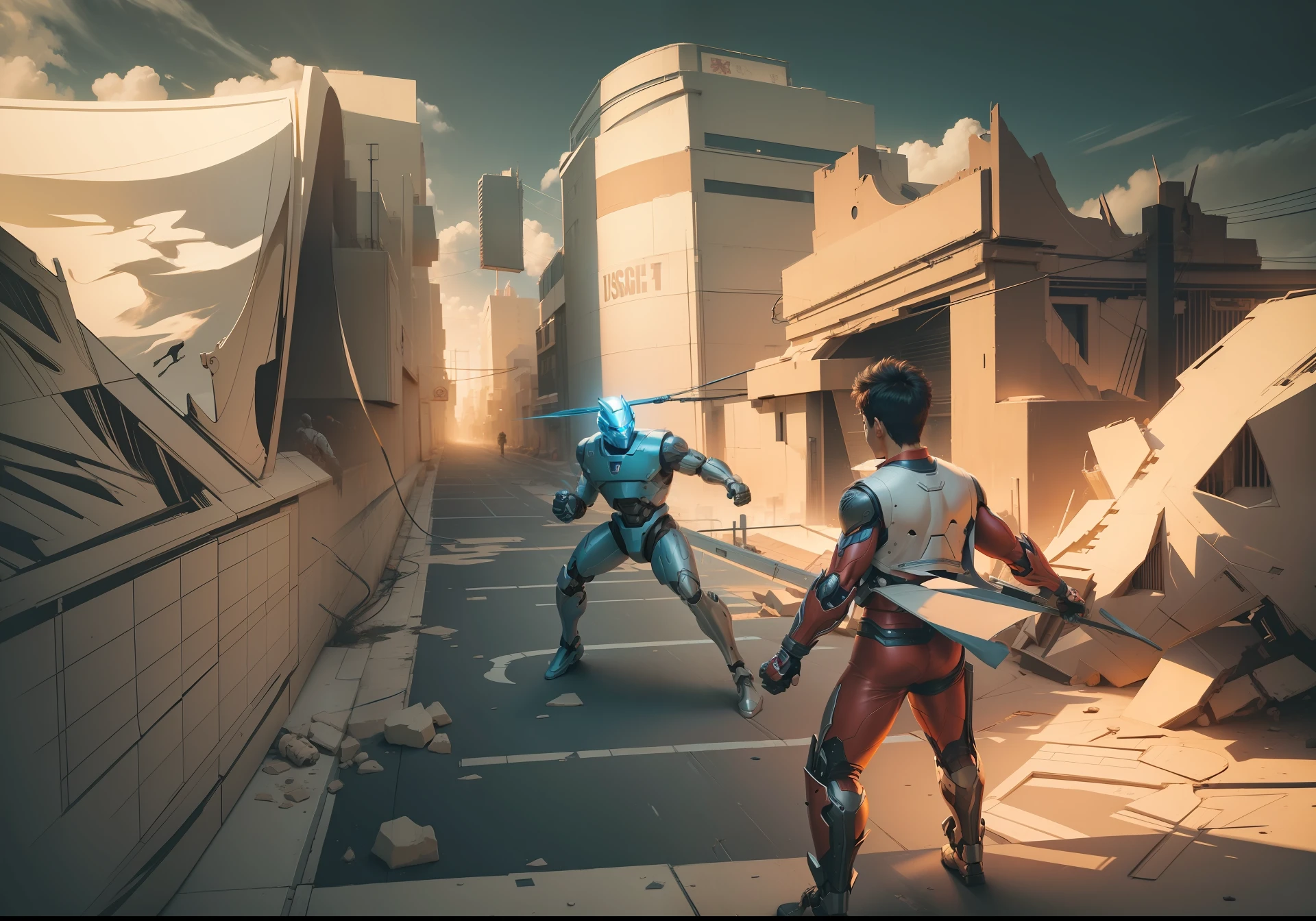 masterpiece, 1 guy and robot, fighting scene, cinematic, wide angle view, comic style, colouring,