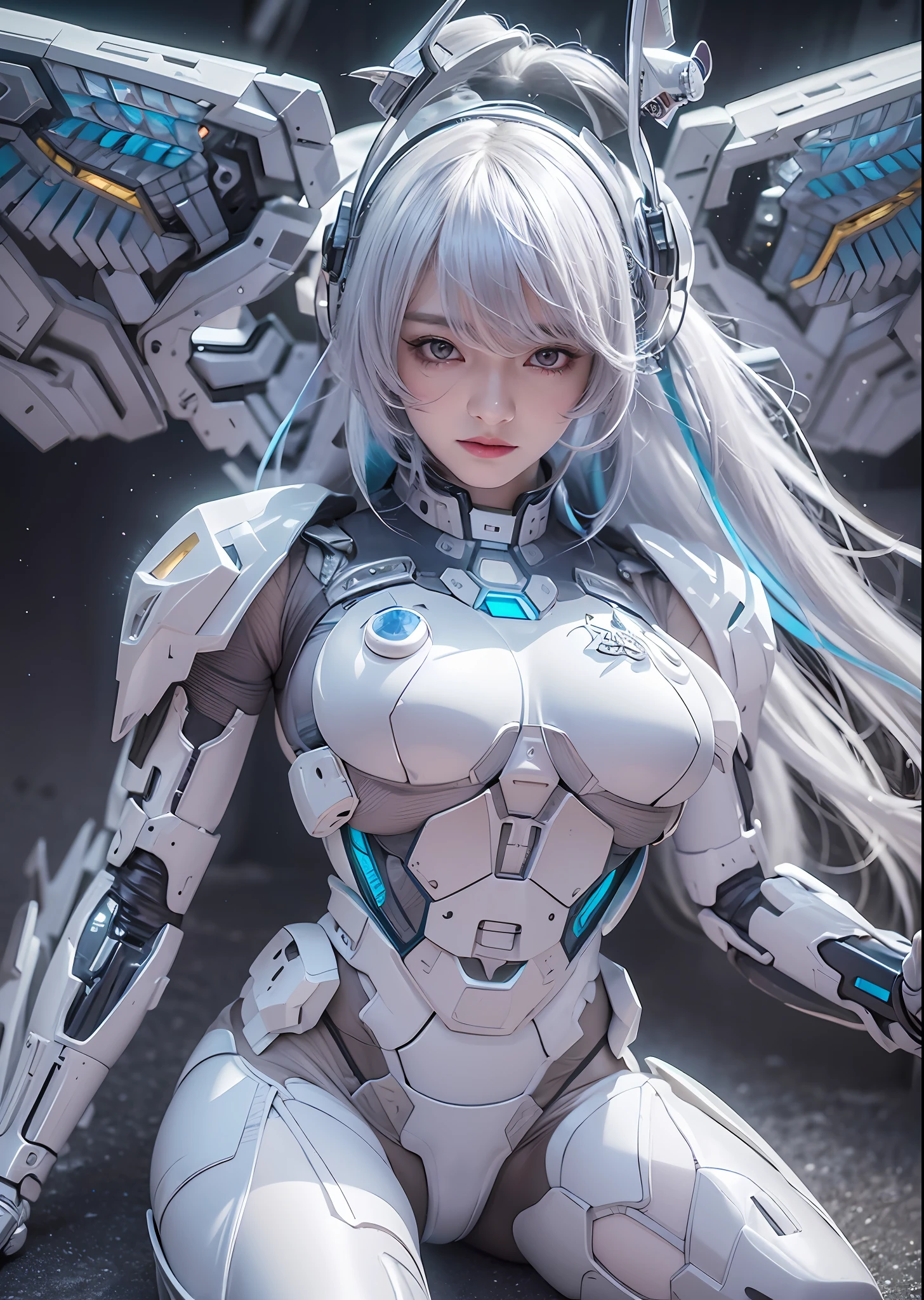 top-quality、masterpiece、超A high resolution、(Photorealsitic:1.4)、Raw photo、Battle Cyborg Angel、large wings made of metal、White porcelain body、Acrylic Clear Cover、white hair、glowy skin、1 Cyborg Girl、((super realistic details))、portlate、globalillumination、Shadow、octan render、8K、ultrasharp、character edge light,Colossal tits、Raw skin is exposed in cleavage、Details of complex ornaments、Details of Gundam Aerial、Hydraulic cylinder、Small LED lamp、highly intricate detail、Realistic light、a purple eye、radiant eyes、Facing the camera、neon details、cowboy shot、Futuristic headgear、About Cyberpunk、、