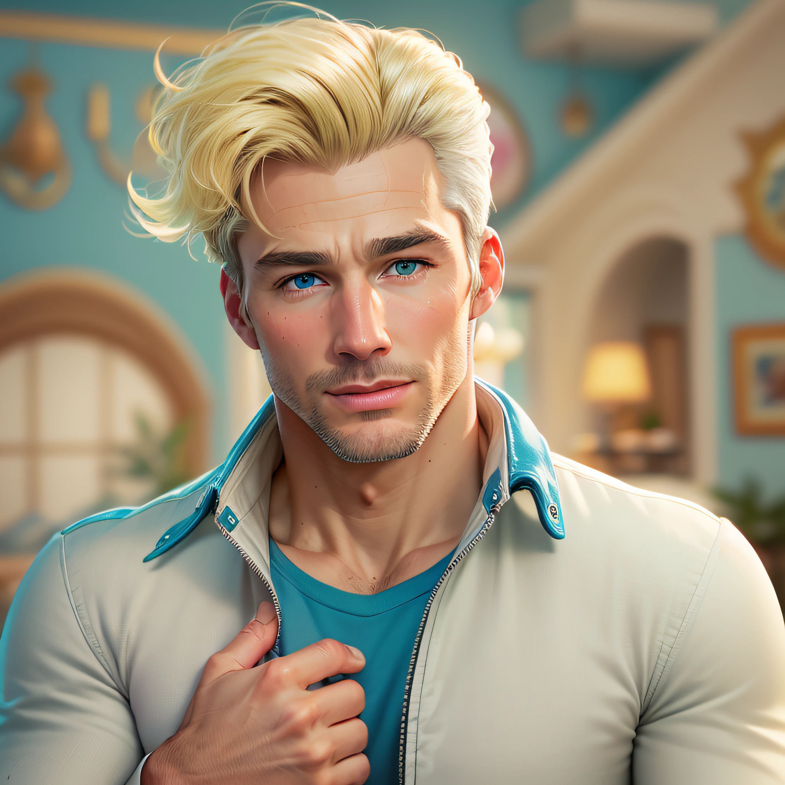 (((high quality))), 1man, (((handsome blonde american dilf))), (((white shirt))) (((blue jacket))), (((blue eyes))) (((in Barbie's Dreamhouse))) (((no facial hair)))