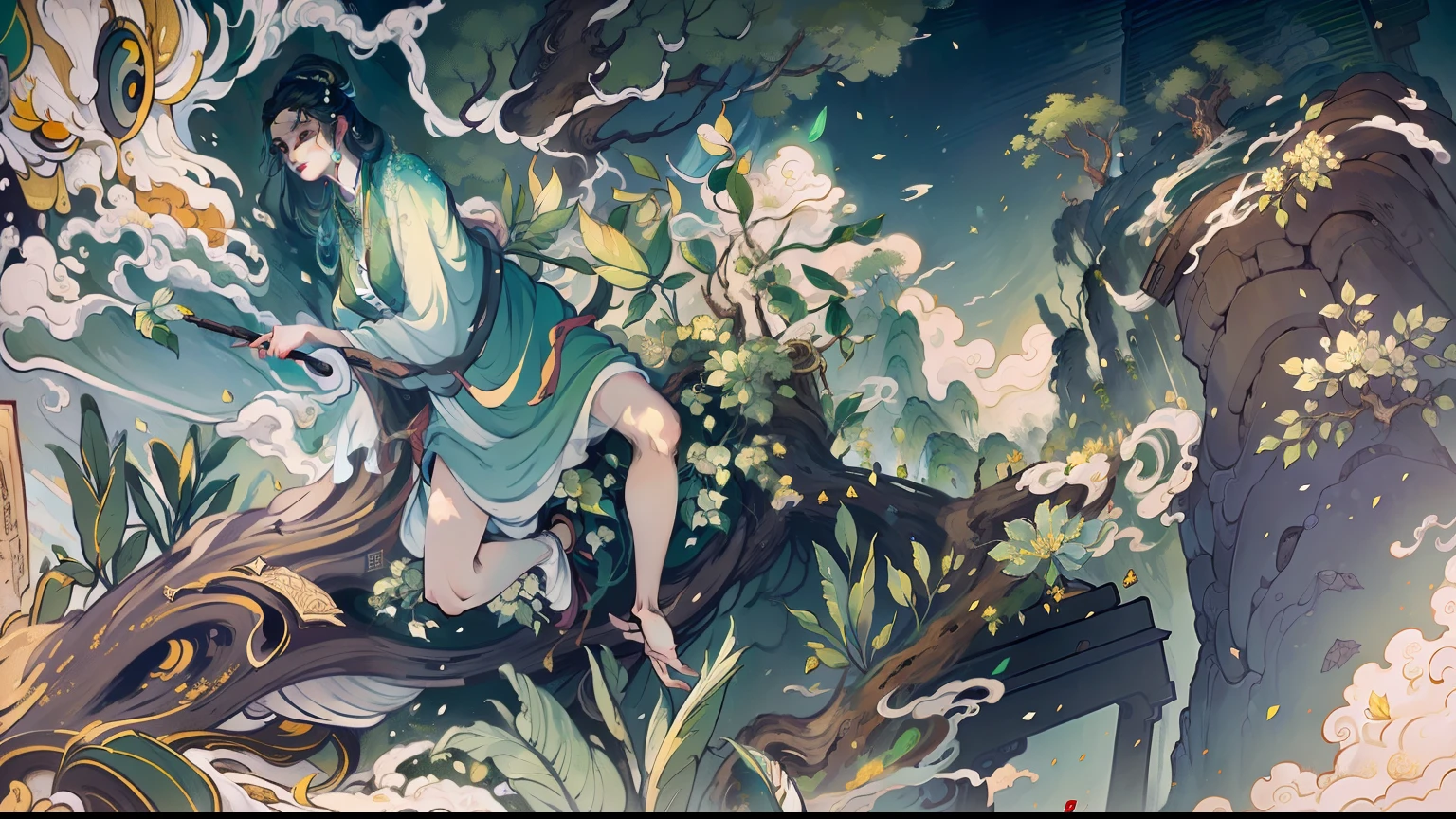Wall paintings,tmasterpiece,Line drawing,A woman is writing,green plant,Bananas,grape trees,fresh flowers,dead tree,Cloud fog,High hills,Huge thousand-year-old tree,Diffuse clouds,A masterpiece of art,Decorative painting,4K,超高分辨率,