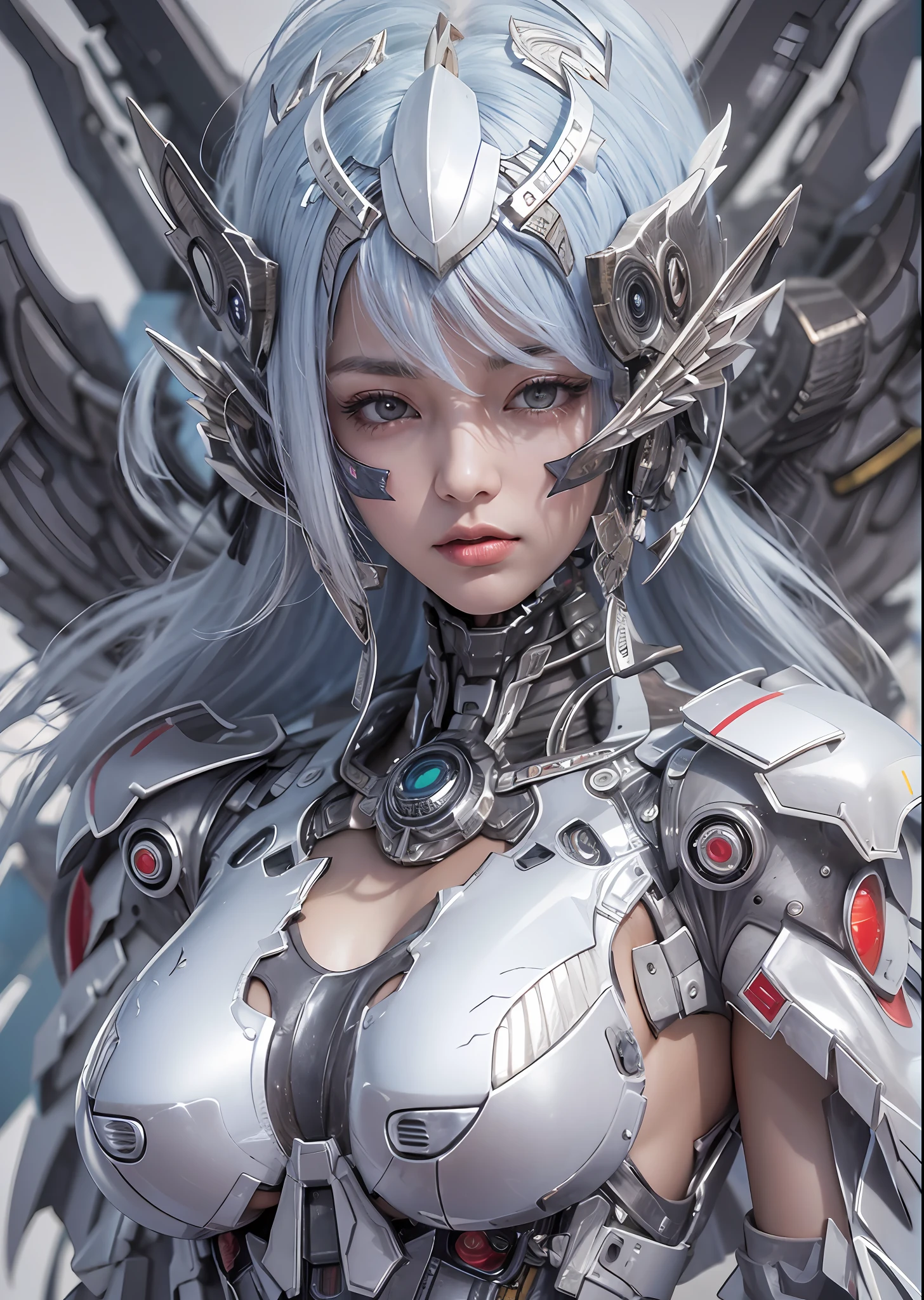 top-quality、masterpiece、超A high resolution、(Photorealsitic:1.4)、Raw photo、Battle Cyborg Angel、large wings made of metal、White porcelain body、Acrylic Clear Cover、white hair、glowy skin、1 Cyborg Girl、((super realistic details))、portlate、globalillumination、Shadow、octan render、8K、ultrasharp、character edge light,Colossal tits、Raw skin is exposed in cleavage、Details of complex ornaments、Details of Gundam Aerial、Hydraulic cylinder、Small LED lamp、highly intricate detail、Realistic light、a purple eye、radiant eyes、Facing the camera、neon details、cowboy shot、Futuristic headgear、About Cyberpunk、、