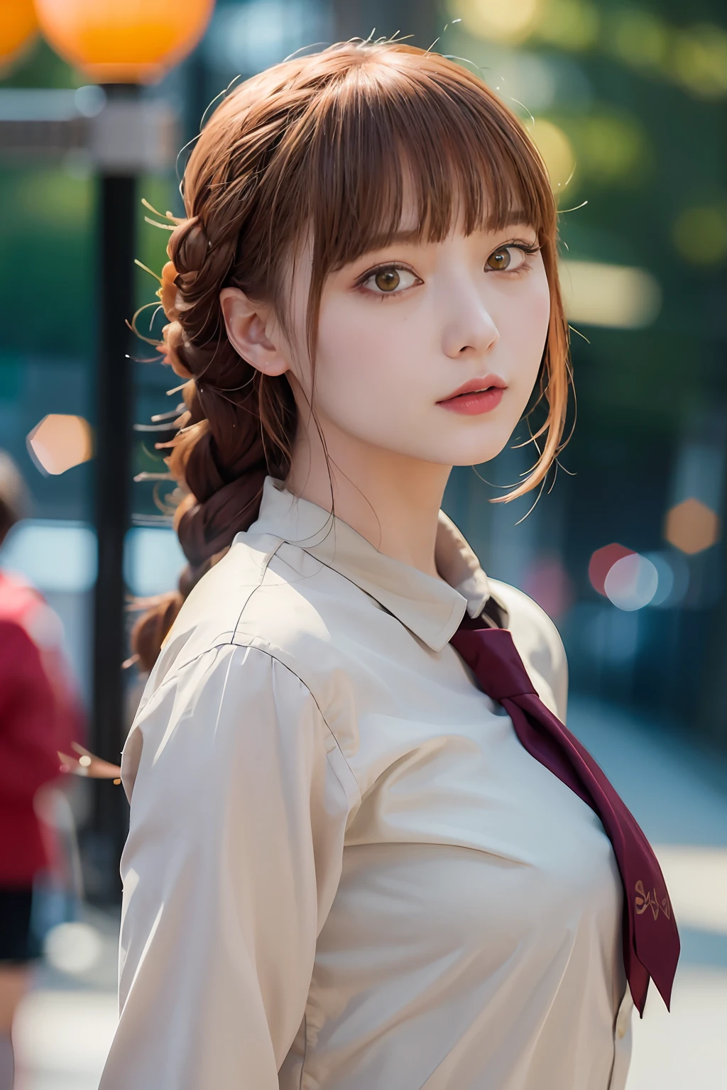 ((red hairs、Dark eye shadow、Dark eyeliner、Longhaire、Braids、bangss、tthin eyebrows、Yellow icon、white shirt、Black tie))、NSFW、masterpiece、top-quality、hightquality、magnifica、Beautiful fece、hight resolution、Very high resolution、Raw photo、Best Illustration、hyper realisitic、1girl in、realisitic、The ultra-detailliert、Photorealsitic、incredibly absurdness、a closeup、Floating hair、Soft light、Cinema Lights、Film grain、full body Esbian、depth of fields、blurry backround、bokeh dof:1.4、eyes focus、85mmレンズ、professionally lit、lensflare、Luminous particles:0.6、Professional Writing、portlate:0.6、Photon mapping、Radio City、physically-based renderingt、a japanese girl、sexual excitement:1.5、Lifelike face、Realistic body、real looking skin、huge-breasted:1.3、well-styled、camel's toe、light skinned:1.1、cute little:1.5
