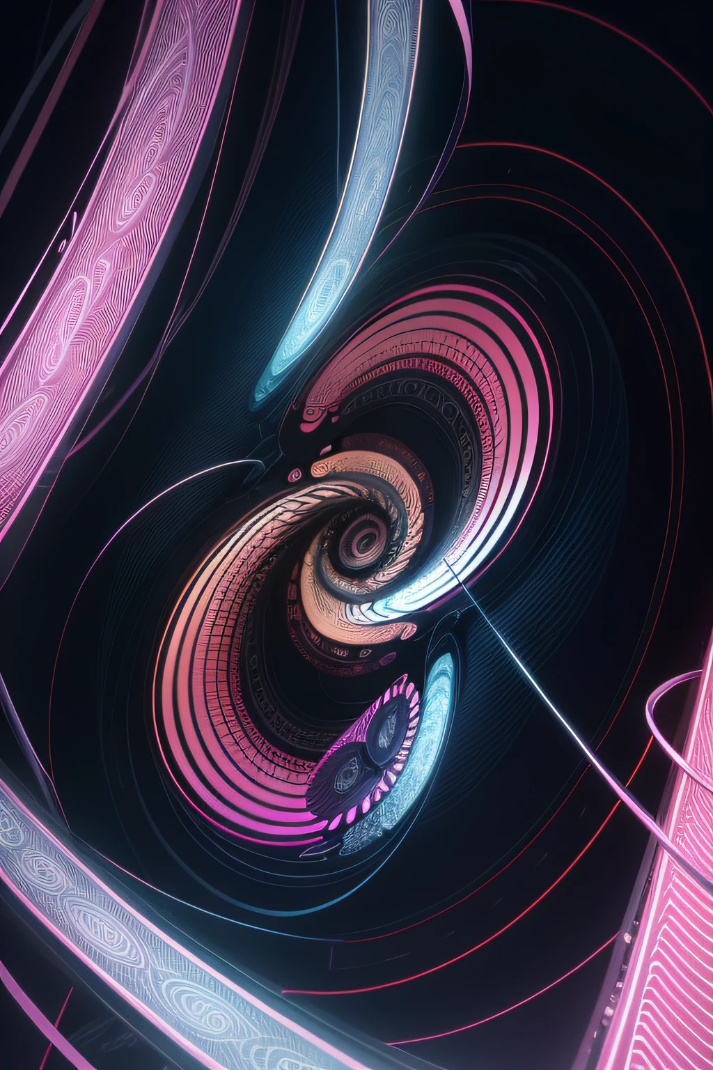 Abstract intricately intertwined line art、Spiral thin line、An image that shines in a dark tone