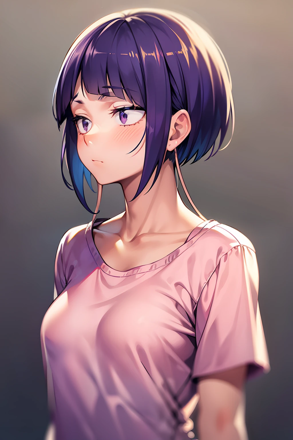 kyoka jiro, 1girl, solo, breasts, blush, short hair, bangs, simple background, shirt, white background, closed mouth, purple eyes, collarbone, upper body, purple hair, short sleeves, blunt bangs, looking away, t-shirt, pink shirt, long earlobes