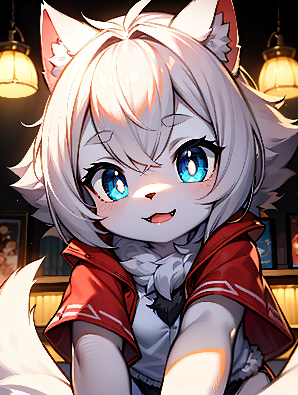 hairy pubic，White fur，hyper cute face，Red element on fur，Beautiful lights and shadows，ambient lights，Ultra-fine fur，volumettic light，Blue pupils