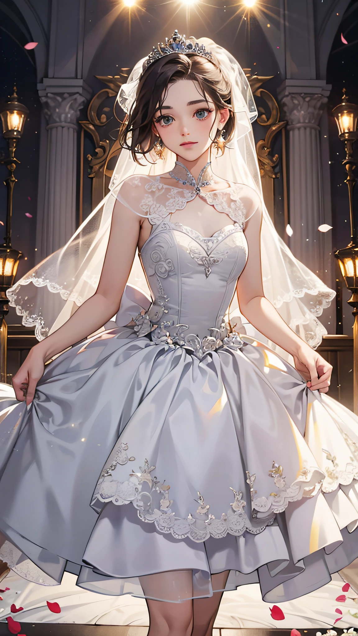 ((best quality)), ((masterpiece))  WEDDING PRINCESS DRESS, light ray, lens flare, white petals, long coated cat, exotic