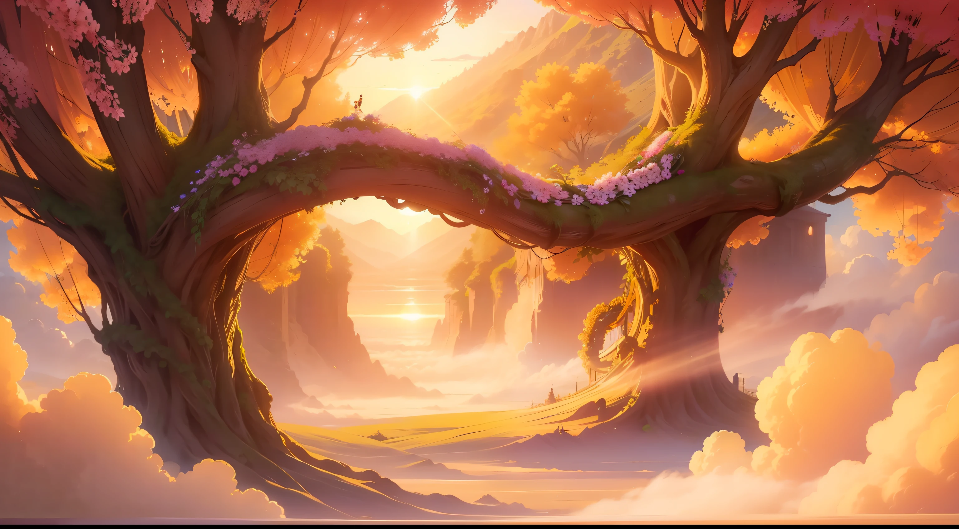 "View of a majestic flower-laden arbor perched on a luscious cloud in the sky, bathed in golden sunlight and enveloped in a vibrant and ethereal ambiance."