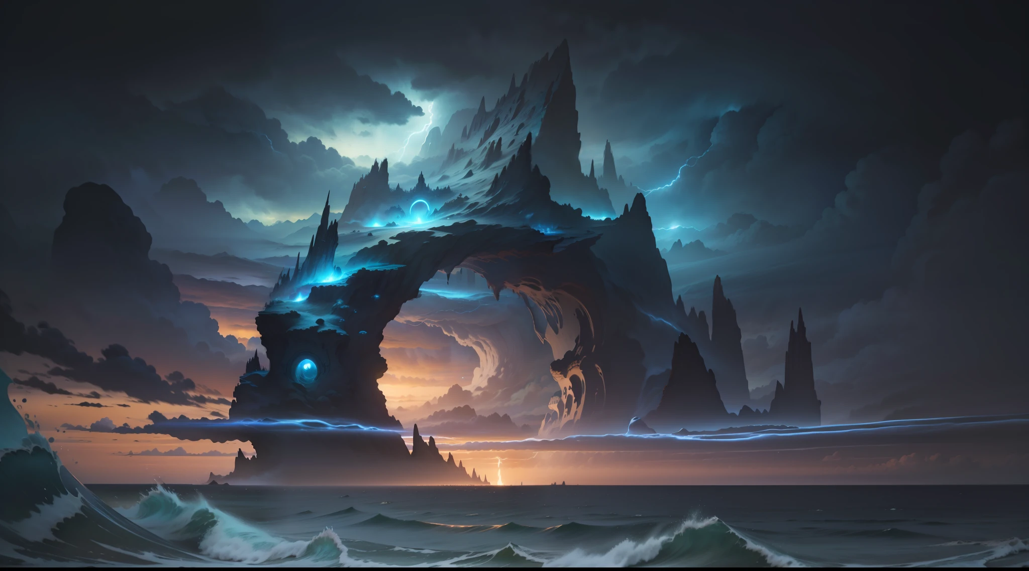 (((best quality))), (((masterpiece))), super fine photo, landscape picture Unreal Engine 5 8K UHD of ocean landscape, magic twister-shape portal on the ocean surface, thunderous sky, tentacles rising, fantasy genre, unified 8k wallpaper, hyper detailed, sharp focus, dynamic picture
