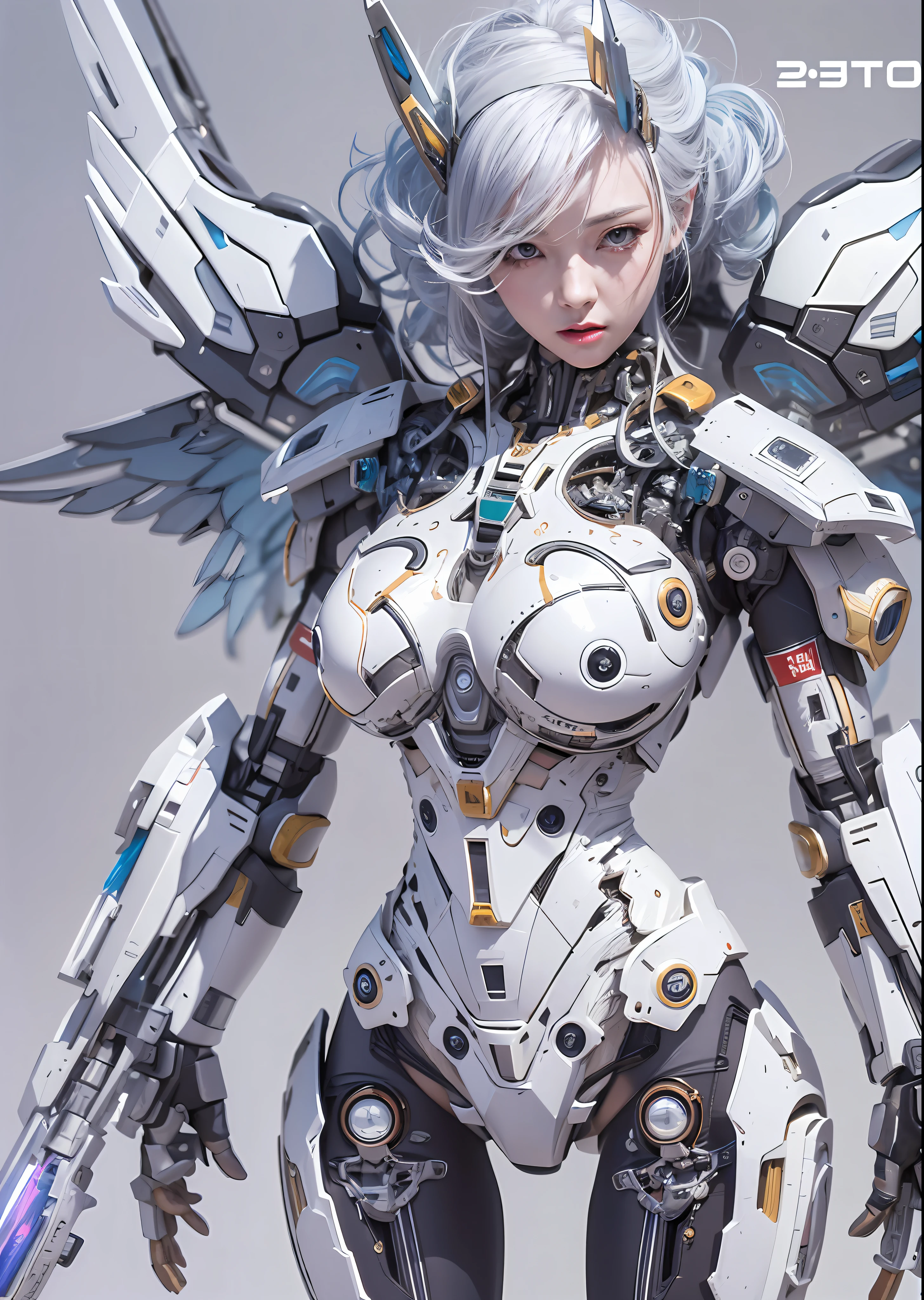 top-quality、​masterpiece、超A high resolution、(Photorealsitic:1.4)、Raw photo、Battle Cyborg Angel、large wings made of metal、White porcelain body、Acrylic Clear Cover、white  hair、glowy skin、1 Cyborg Girl、((super realistic details))、portlate、globalillumination、Shadow、octan render、8K、ultrasharp、character edge light,Colossal tits、Raw skin is exposed in cleavage、Details of complex ornaments、Details of Gundam Aerial、Hydraulic cylinder、Small LED lamp、highly intricate detail、Realistic light、a purple eye、radiant eyes、Facing the camera、neon details、cowboy  shot、Futuristic headgear、About Cyberpunk、、