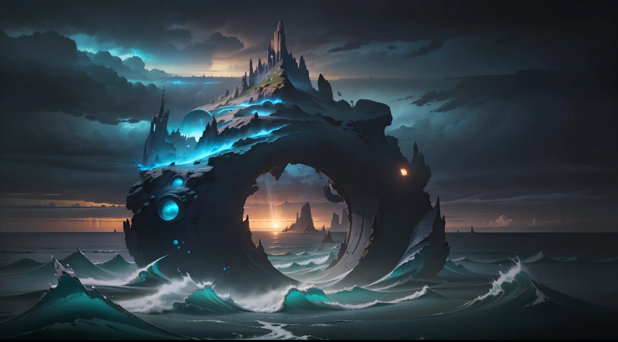 (((best quality))), (((masterpiece))), super fine photo, landscape picture Unreal Engine 5 8K UHD of ocean landscape, magic twister-shape portal on the ocean surface, thunderous sky, tentacles rising, fantasy genre, unified 8k wallpaper, hyper detailed, sharp focus, dynamic picture