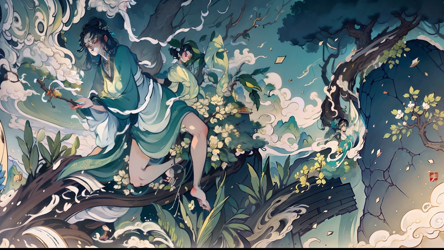 Wall paintings,tmasterpiece,Line drawing,A woman is writing,green plant,Bananas,grape trees,fresh flowers,dead tree,Cloud fog,High hills,Huge thousand-year-old tree,Diffuse clouds,A masterpiece of art,Decorative painting,4K,超高分辨率,