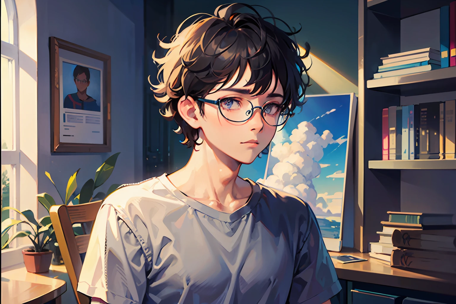 a college boy with skinny body, wearing grey shirt and short pants, eyeglasses, short curly hair, lost hope, sad face, side view, library, super detailing, super detail of face, painting style, high res