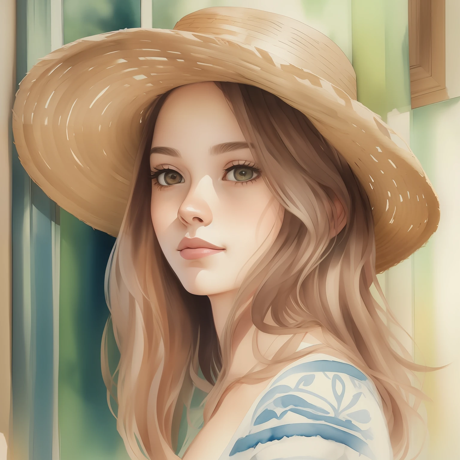 a watercolor painting of a girl in a straw hat and dressed in front of a window, Estilo de desenho bonito, No estilo de arte Bowater, with straw hat, trending on artstration, pintura realista da  bonito, Belo estilo de arte, watercolor illustration style, Retrato bonito, pintura de personagem bonita, kawaii retrato realista, estilo de desenho, wearing straw hat, 🤤 retrato da menina