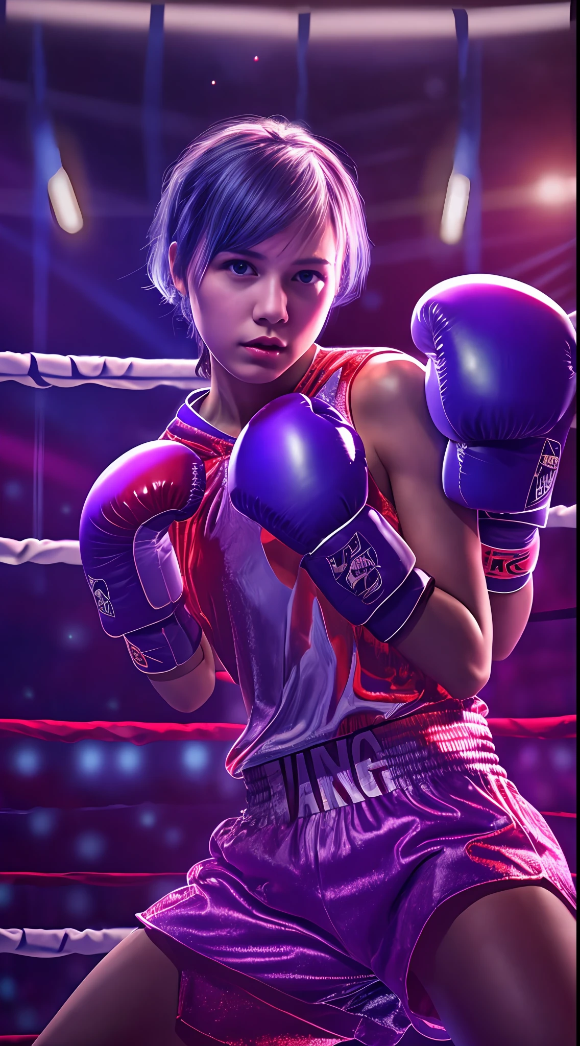 beautiful girls are boxing,18yo, above the ring, purple short hair, blue eyes,Conceptual art, best photo shot, glowing light, realistic, UHD, textured skin, masterpiece, anatomically correct, best quality, 8k, full body,
