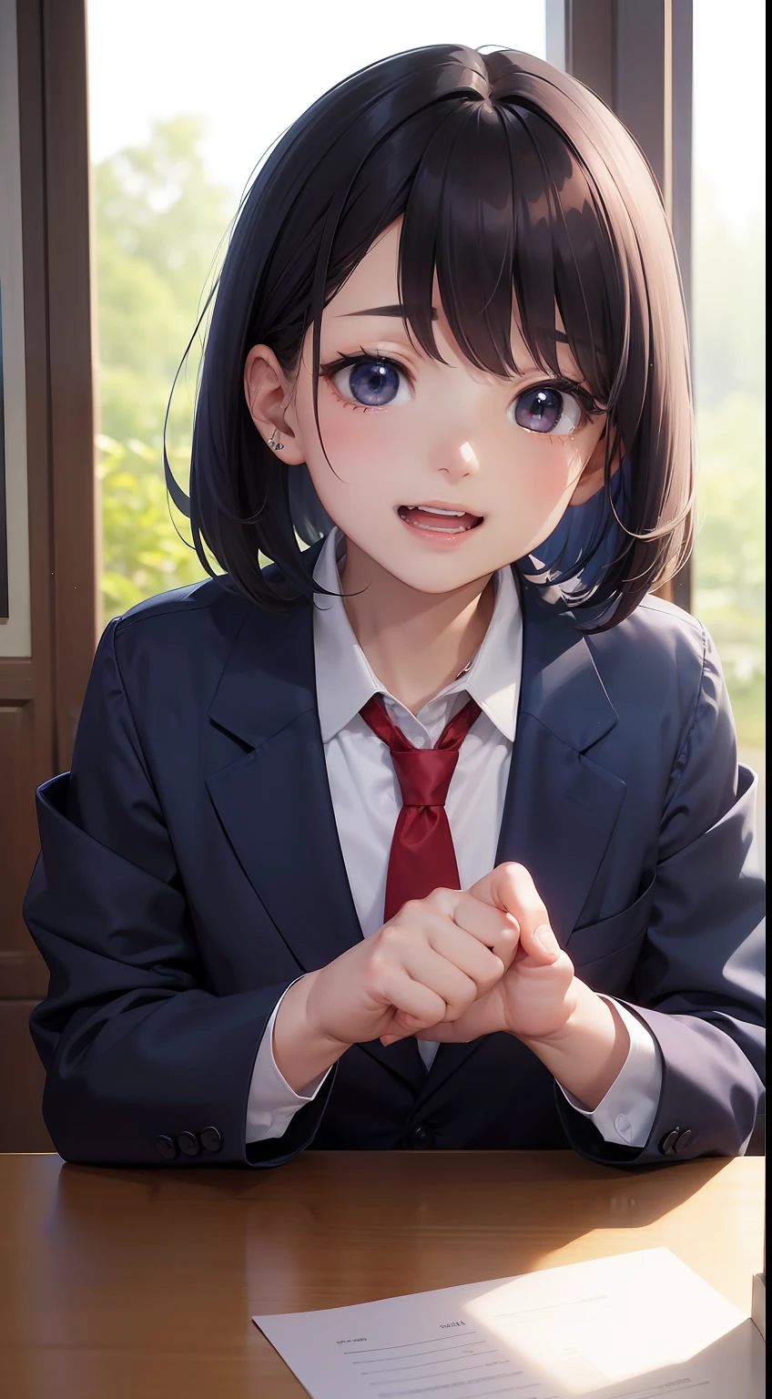 (超A high resolution、Photorealsitic、realisitic、top-quality、Photorealsitic)、(in 8K、Raw foto、top-quality、masterpiece)、(photon maping、physically-based renderingt、auto white balance)、Technical sense、top-quality、masterpiece、illustratio、nffsw、Unity、wall-paper、Official art、astonishing、finely detail、extremely delicate and beautiful、ighly detailed、foco nítido、Rich background、blurry backround、(realperson、a picture)、(((High Detail Skin、Visible Pore)))、(((facial close-up))) (Cute little girl s、sixteen years old、High school students、校服、blazers、Dark blue jacket、Red tie、A dark-haired、Bob Hair)、(((great laughter)))