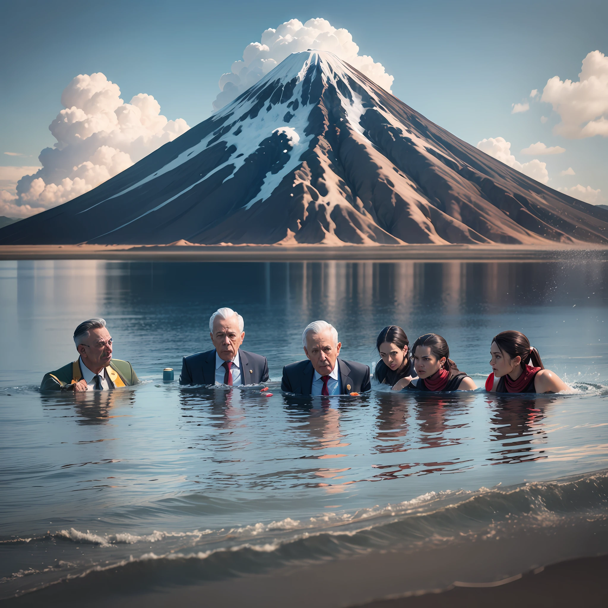 government and corproate leaders meeting in water or sea or volcano beacuse of climate change realistic --auto --s2