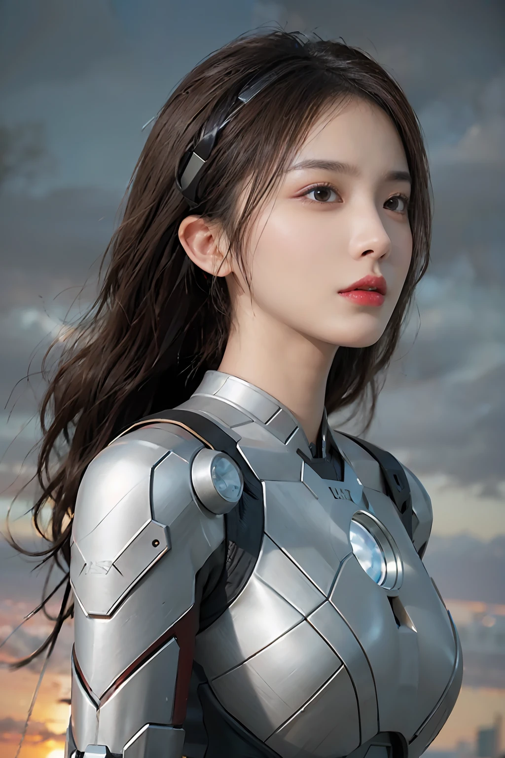 RAW, Masterpiece, Super Fine Photo, crystal liu, Best Quality, Ultra High Resolution, Photorealistic Photorealism, Sunlight, Full Body Portrait, Amazing Beauty, Dynamic Pose, Delicate Face, Vibrant Eyes, (from the side), She Wears Futuristic Iron Man Mech, Very Detailed Background, Detailed Face, Detailed Complex Busy Background, Messy, Gorgeous, Milky White, Highly Detailed Skin, Realistic Skin Details, Visible Pores, Sharp Focus, Volume Fog, 8k UHD, DSLR camera, high quality, film grain, fair skin, photorealism, lomography, huge metropolis in a future dystopia, seen from below, translucent