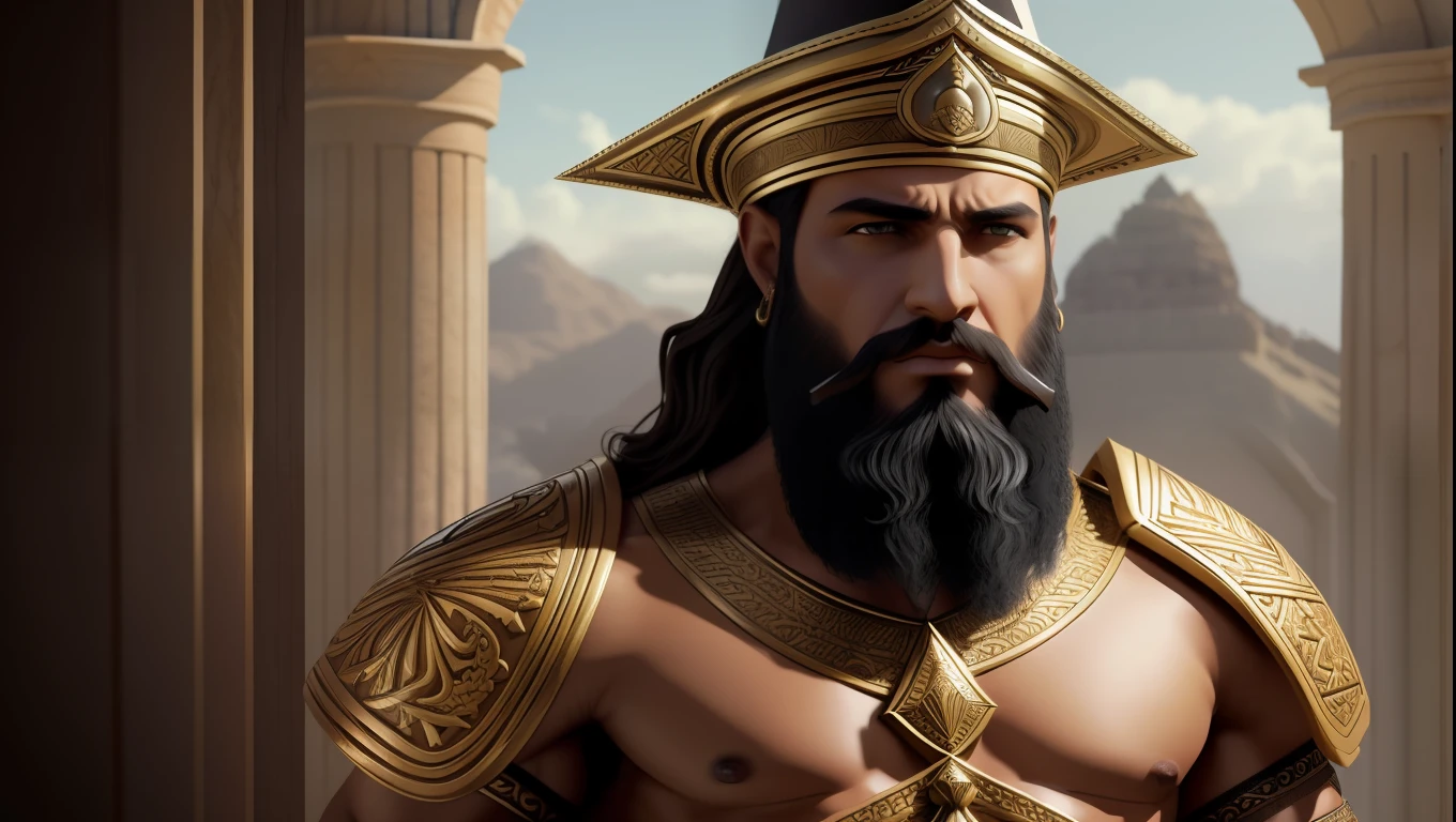 Estilo Modelshoot, (extremamente detalhado CG unidade 8k papel de parede), a Babylonian hunter man named Nimrod, Babylonian god biblical character, Imperador, Rei, barbado, Blackbeard's pose of powerful leader,Bearded Babylonian man with Babylonian hat on head Midjourney and Greg Rutkowski