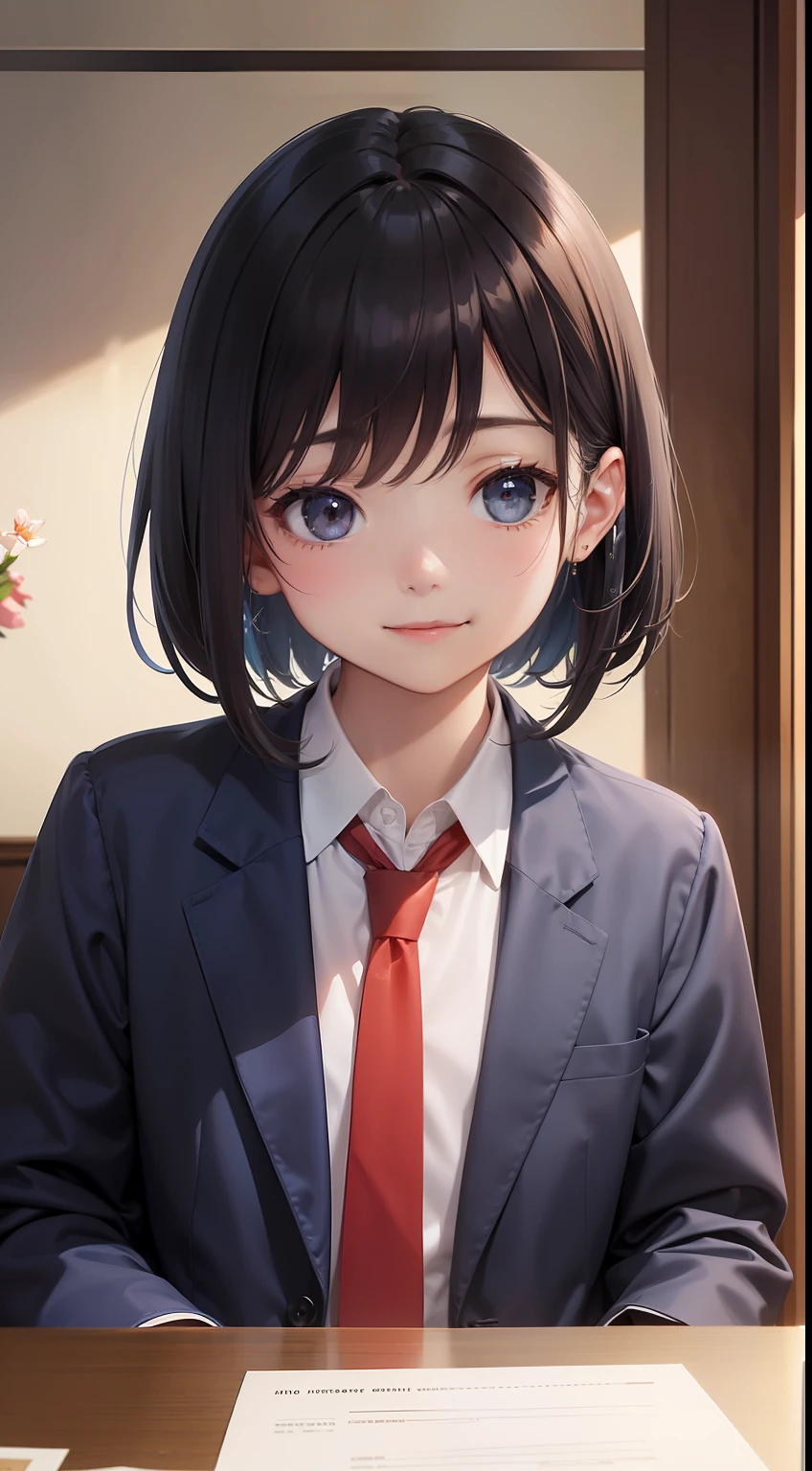 (超A high resolution、Photorealsitic、realisitic、top-quality、Photorealsitic)、(in 8K、Raw foto、top-quality、masterpiece)、(photon maping、physically-based renderingt、auto white balance)、Technical sense、top-quality、masterpiece、illustratio、nffsw、Unity、wall-paper、Official art、astonishing、finely detail、extremely delicate and beautiful、ighly detailed、foco nítido、Rich background、blurry backround、(realperson、a picture)、(((High Detail Skin、Visible Pore)))、(((facial close-up))) (Cute little girl s、sixteen years old、High school students、校服、blazers、Dark blue jacket、Red tie、A dark-haired、Bob Hair)、(((a smile)))