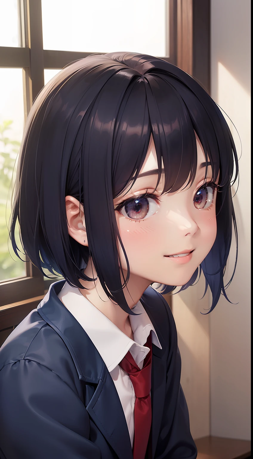 (超A high resolution、Photorealsitic、realisitic、top-quality、Photorealsitic)、(in 8K、Raw foto、top-quality、masterpiece)、(photon maping、physically-based renderingt、auto white balance)、Technical sense、top-quality、masterpiece、illustratio、nffsw、Unity、wall-paper、Official art、astonishing、finely detail、extremely delicate and beautiful、ighly detailed、foco nítido、Rich background、blurry backround、(realperson、a picture)、(((High Detail Skin、Visible Pore)))、(((facial close-up))) (Cute little girl s、sixteen years old、High school students、校服、blazers、Dark blue jacket、Red tie、A dark-haired、Bob Hair)、(((a smile)))
