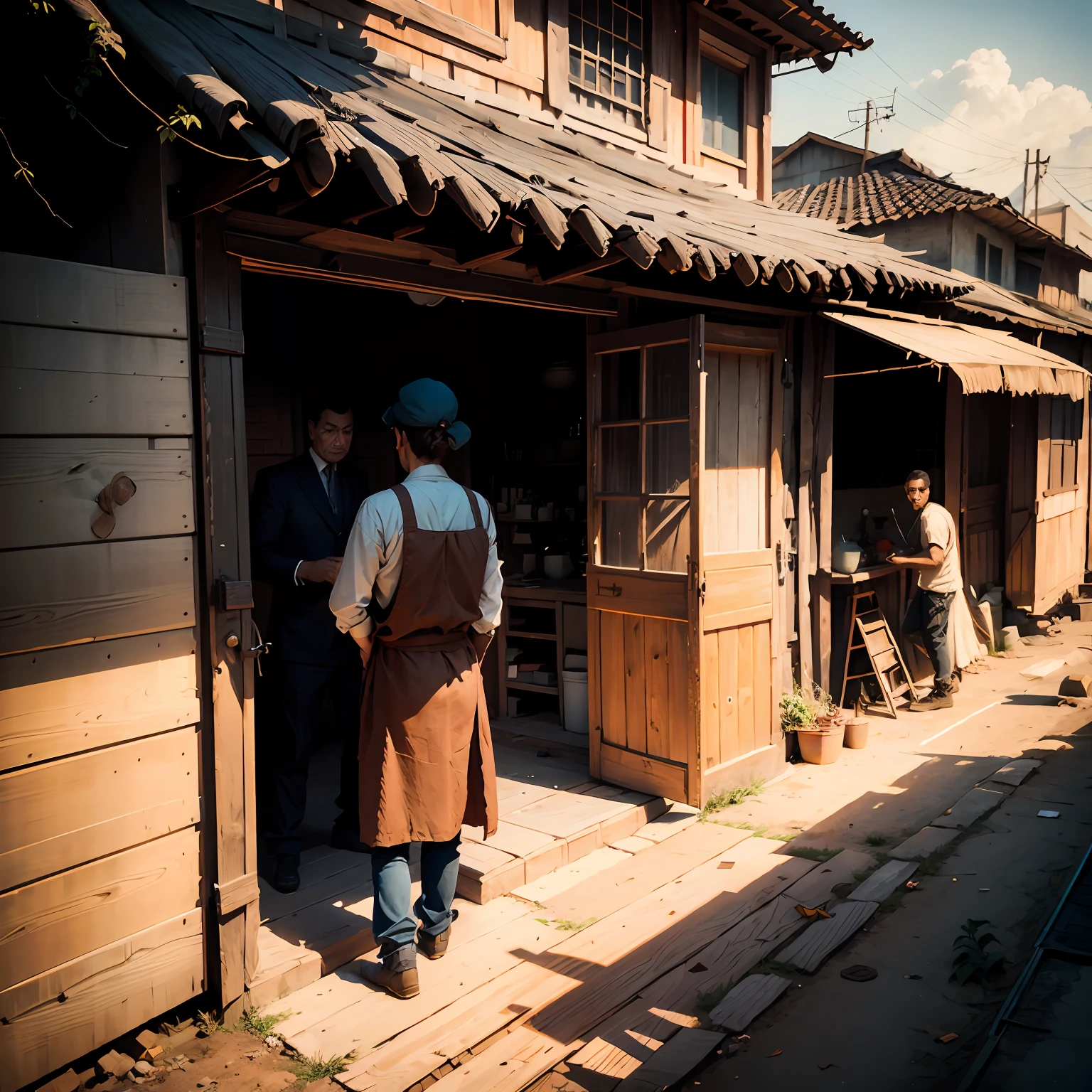 best qualtiy，80shair。，Heads-up，A half body，behind，Back Shadow，One guy，laborer，woman，small wooden house in the background