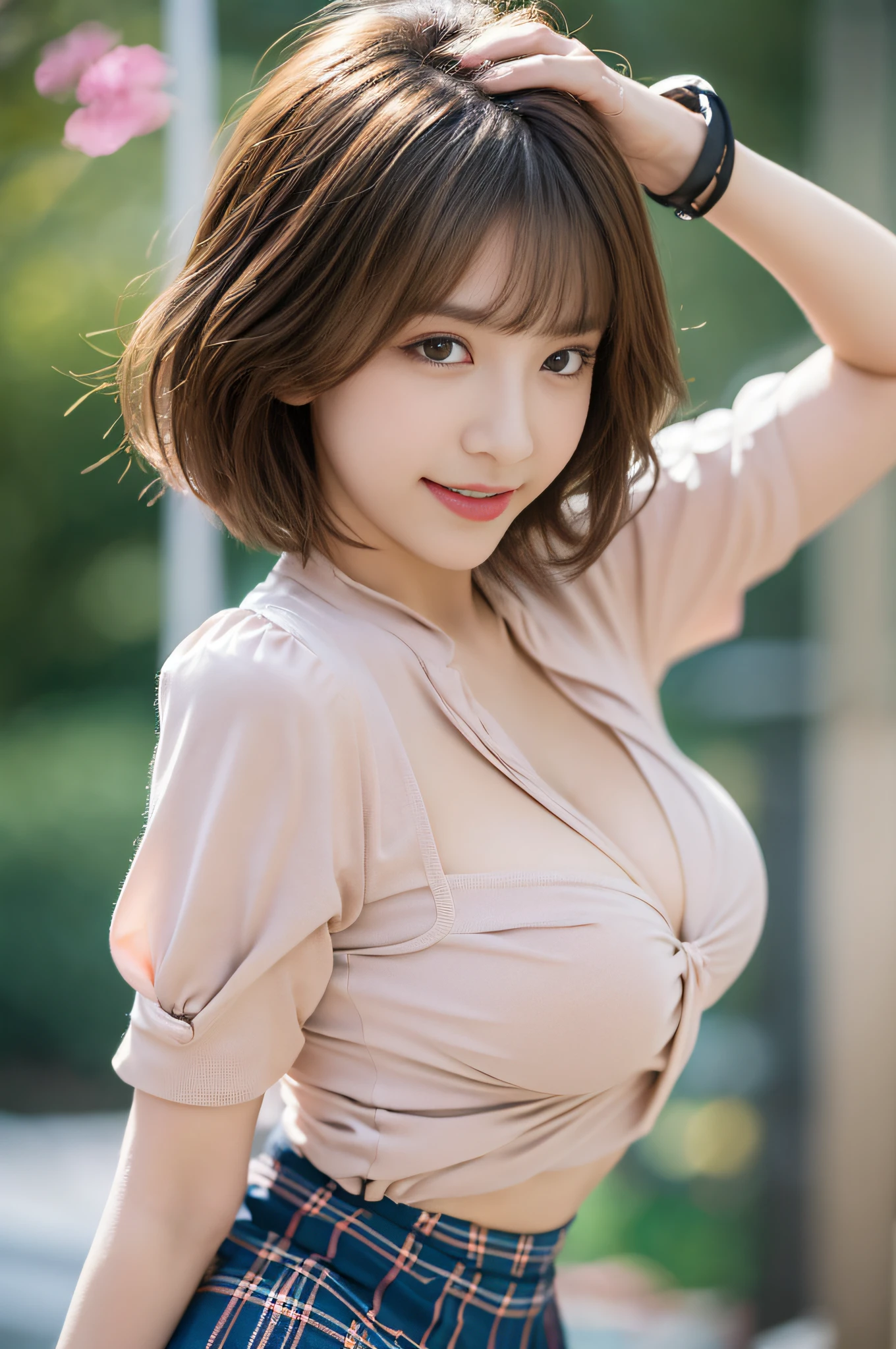nsfw, 8K raw photo, Best quality, masterpiece, ultra high res, film grain, filmg, 1girl, looking at viewer, natural skin texture, realistic eye and face details, full lips, lipstick, (makeup), red eyeshadow, fluffy short hair, messy hair, smile, close mouth, beautiful legs, tall female, skinny, slim_legs, solo, enormous breast, cleavage, Pose with buttocks facing you, ultra short skirt, ass, shirt, beautiful nature location, around flower location, (detailed background), plaid skirt, white shirt, enormous breast, cleavage, Show a little cleavage through the shirt, loafers, blurry background, blurry, holding, plaid, short sleeves, jk ribbon on the neck, jk ribbon, brown hair, bracelet, water, bangs, school uniform, jewelry, parted lips, lips, from side, pleated skirt, depth of field
