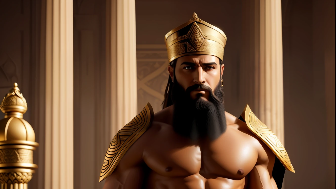 Estilo Modelshoot, (extremamente detalhado CG unidade 8k papel de parede), a Babylonian hunter man named Nimrod, Babylonian god biblical character, Imperador, Rei, barbado, Blackbeard's pose of powerful leader,Bearded Babylonian man with Babylonian hat on head Midjourney and Greg Rutkowski