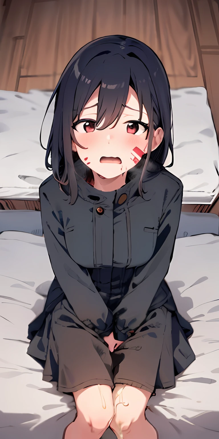 1girll, 独奏, plumw, (Be red in the face:1.2), sit on a bed, (cum on facial:1.4), with her mouth open, (looking from above, angle of view)