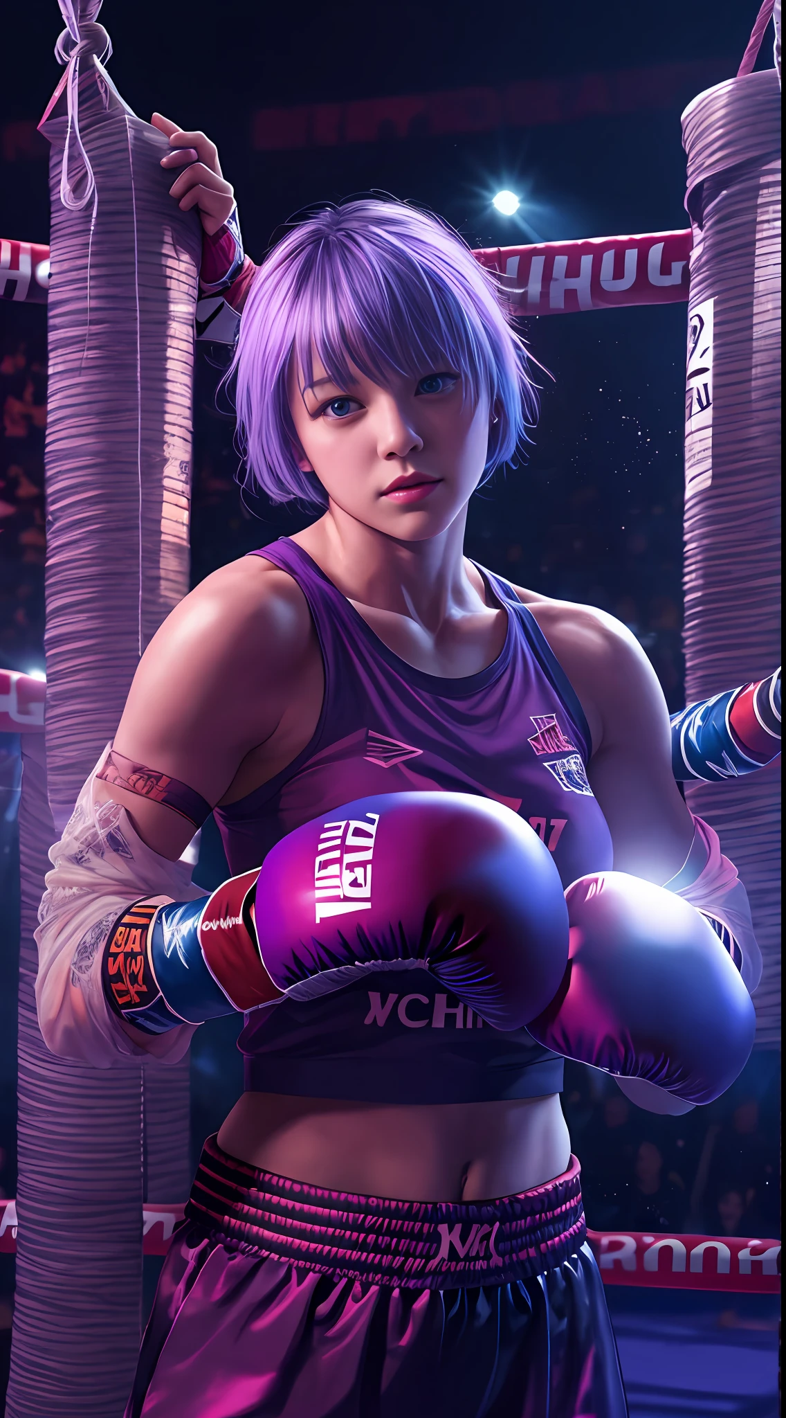 beautiful girls are boxing,18yo, above the ring, purple short hair, blue eyes,Conceptual art, best photo shot, glowing light, realistic, UHD, textured skin, masterpiece, anatomically correct, best quality, 8k, full body,