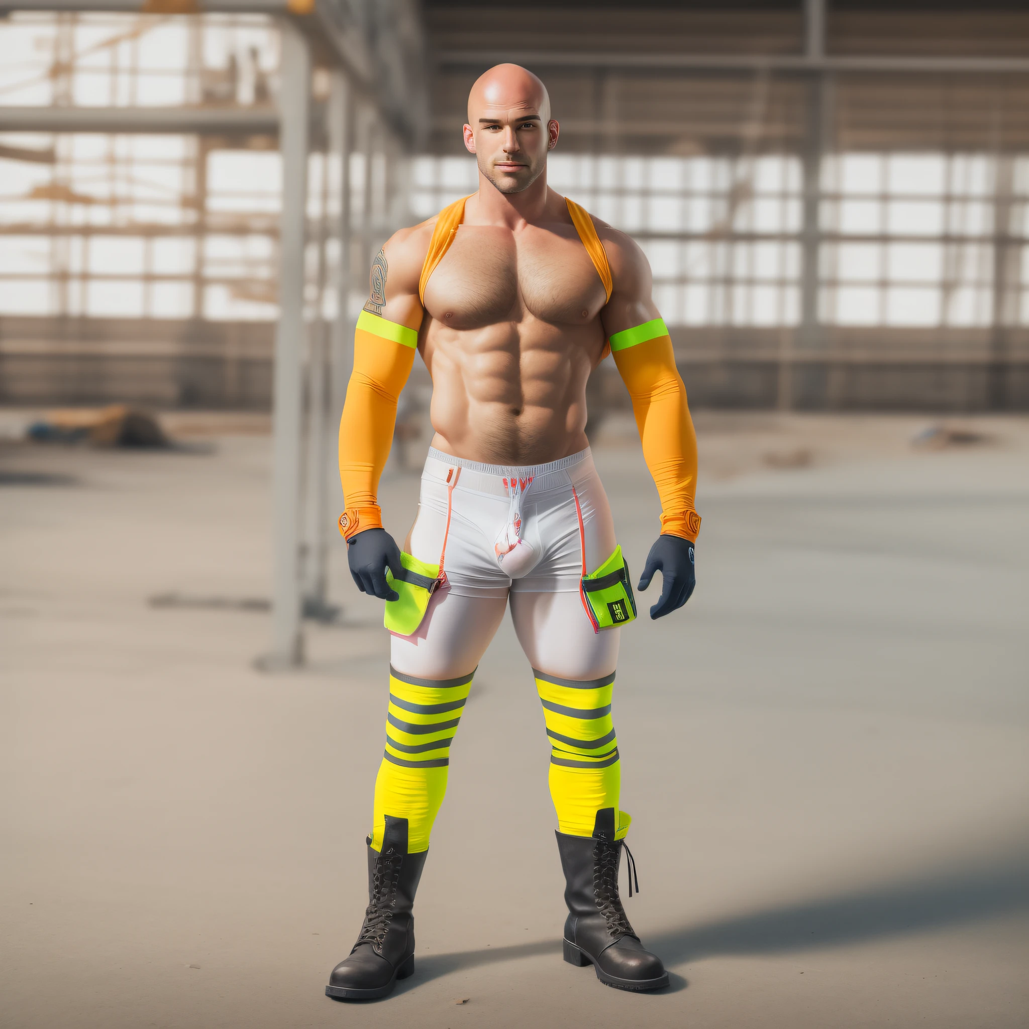 A naked handsome rugged and fit bald construction worker in a white jockstrap, with a toned physique wearing a vibrant high visibility armband, and sturdy boots, side view, captured in a striking full-body shot from a low angle.