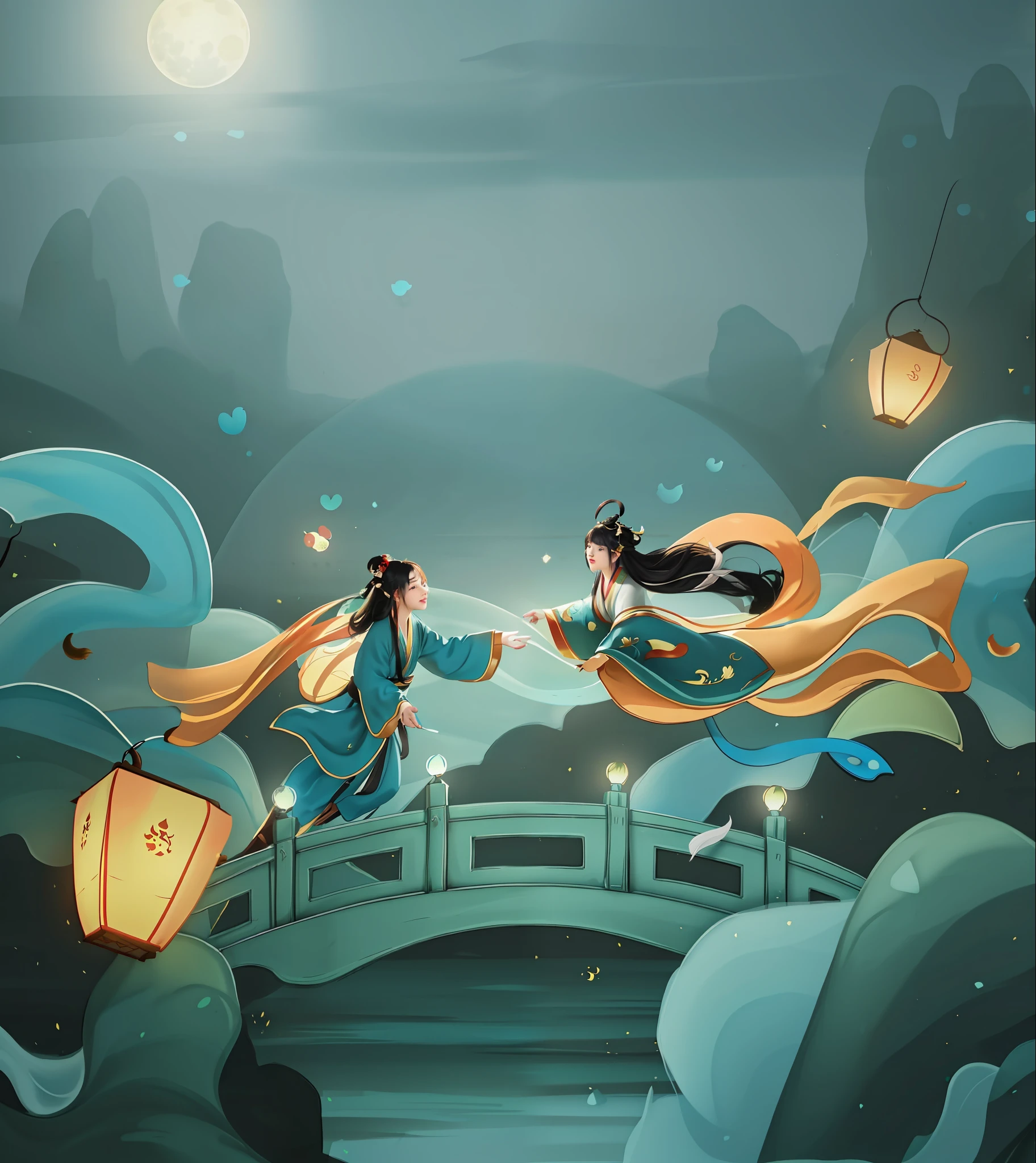 Han dynasty，An ancient fairy that fell from the sky，Magpie Bridge，Auspicious clouds，Huge moon background，Lanterns，Blue-gold tones，电影灯光，c4d渲染，Detailed details，Detailed light and shadow，8K,(((masterpiece))),best quality, (first_person_view),((ultra detailed shadow)), ((((ultra detail))), ((((8k)))), (((high res))), ((8k wallpaper)), 8k wallpaper, ((((ultra detail))), ((((8k)))), (((high res))), ((8k wallpaper)), Shadow detail (((ultra detail))), ((((8k))))