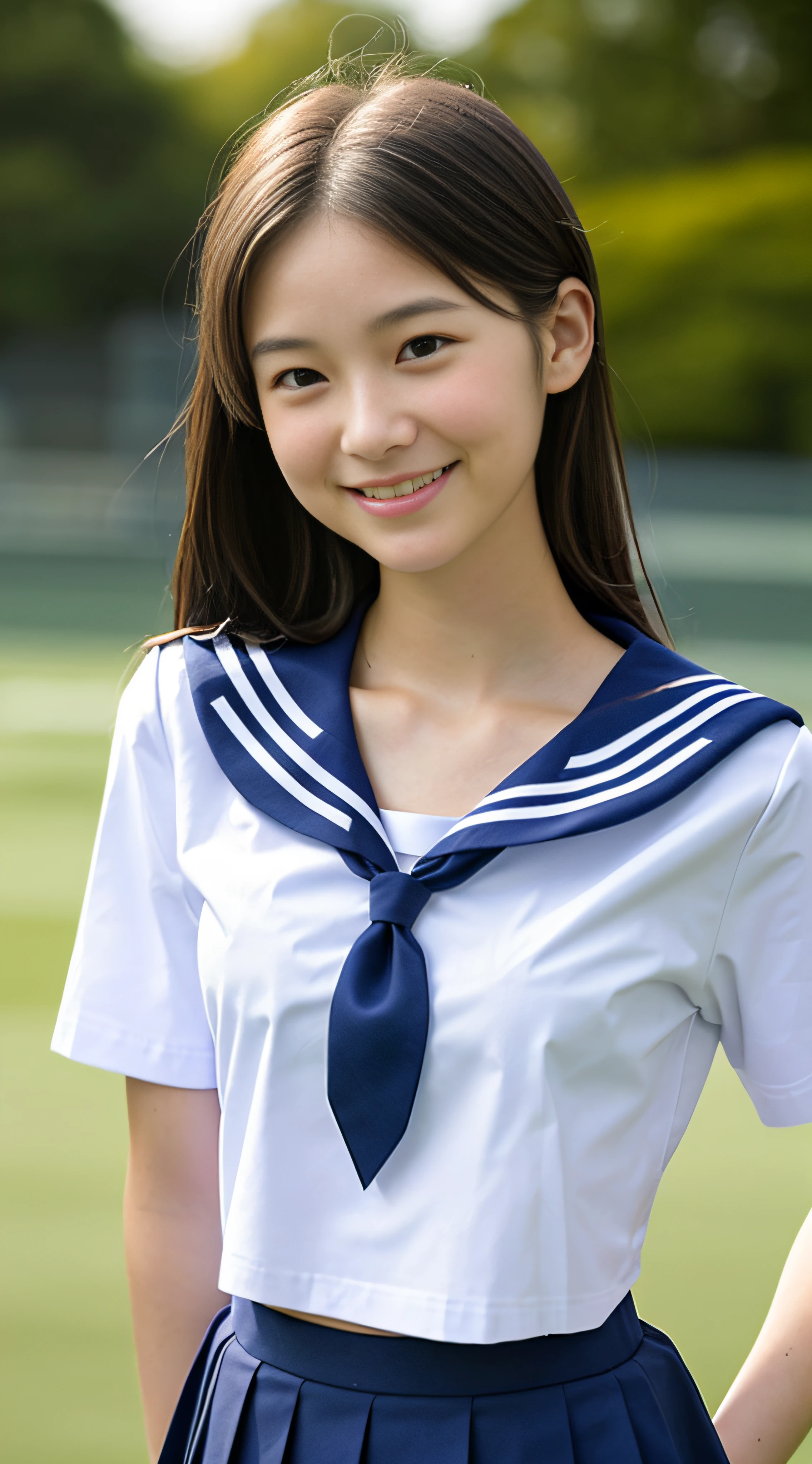neat college girl, (school uniform, sailor uniform, ribbon tied at chest, summer clothes, upper body white, skirt dark blue, short sleeves), outside the athletic field, (slim), photorealistic, detail, skin texture, ultra detail, delicate and sexy collarbone, smile, super detailed face, detailed lips, detailed eyes, double eyelids, small breasts, small breasts, small, flat breasts, breast emphasis
