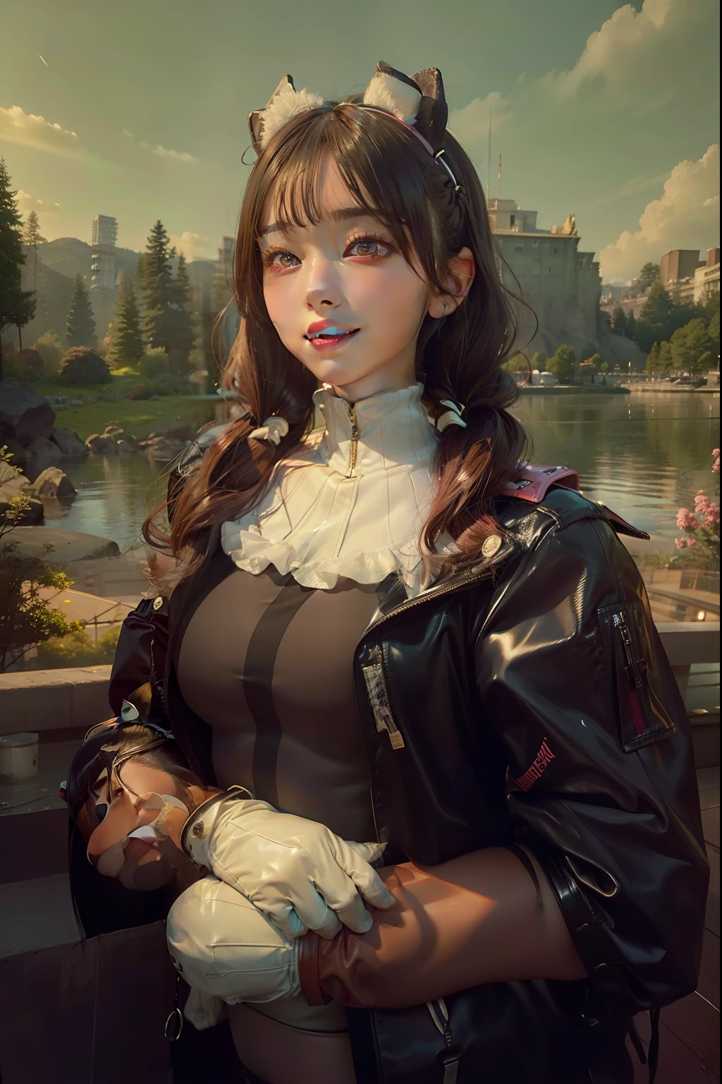(RAW photo, best quality, masterpiece:1.2), (realistic, photo-realistic:1.4),(masterpiece:1.4),(best quality:1.4),1girl, solo, :d, animal ear headphones, animal ears, arms up, bangs, blush, bodysuit, breasts, bunny pose, clothes writing, covered navel, cowboy shot, cropped jacket, fake animal ears, gloves, outdoor,morning,snow, hair intakes, headphones, impossible bodysuit, impossible clothes, jacket, large breasts, latex, latex bodysuit, long hair, long sleeves, looking at viewer, large breasts, multicolored gloves, open mouth, pink bodysuit, pink eyes, red eyes, red jacket, shiny clothes, shrug \(clothing\), sidelocks, skin tight, smile, thigh gap, thighs, twintails, very long hair, white gloves, white hair,alice \(nikke\),(shiny skin),realistic,