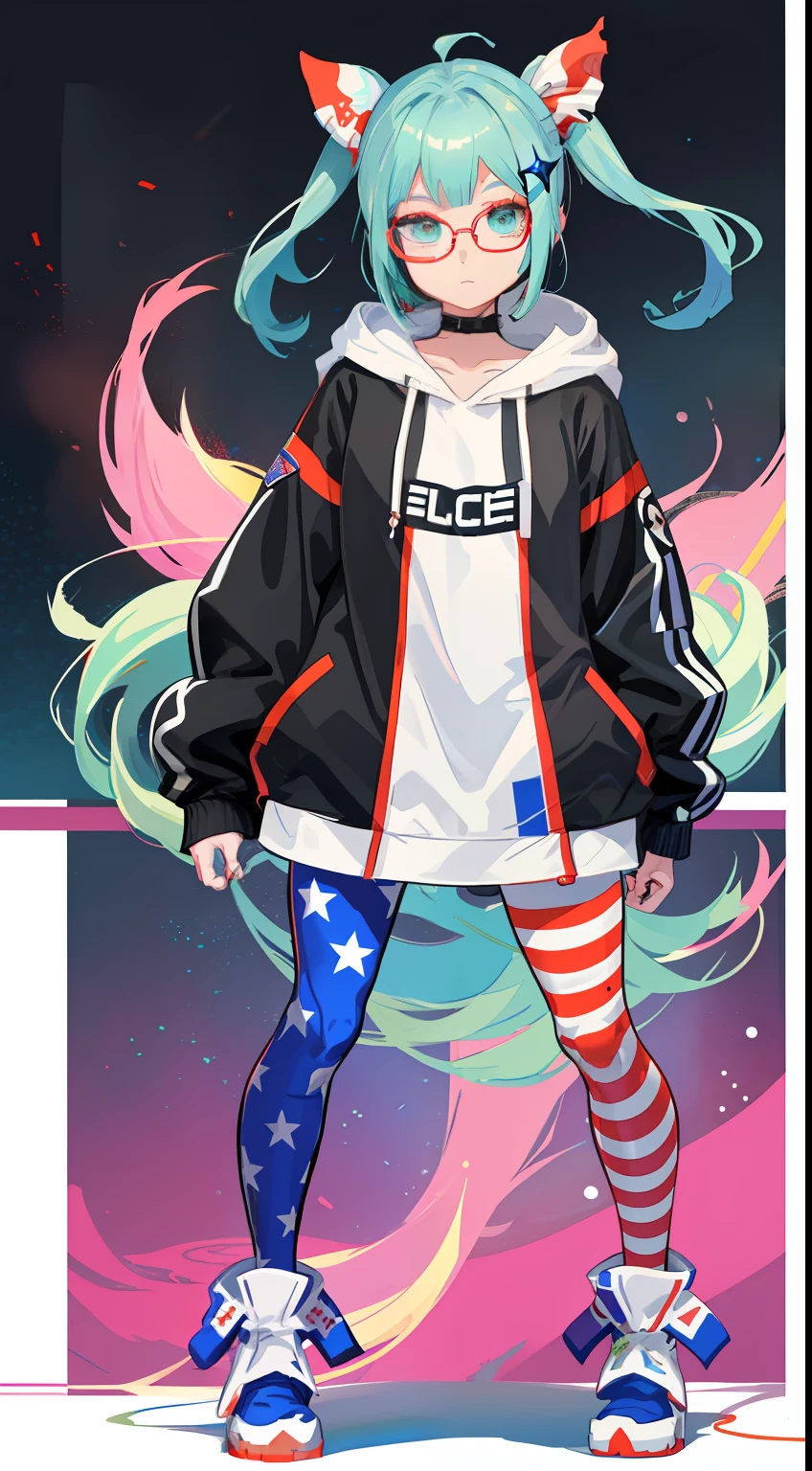 a cartoon girl with glasses and a hoodie and a usa flag leggings, 2 d anime style, full body adoptable, y 2 k cutecore clowncore, anime moe artstyle, full body!, style of magical girl, anime stylized, candypunk character design, cute character, anime vtuber full body model, cute art style, in a space cadet outfit