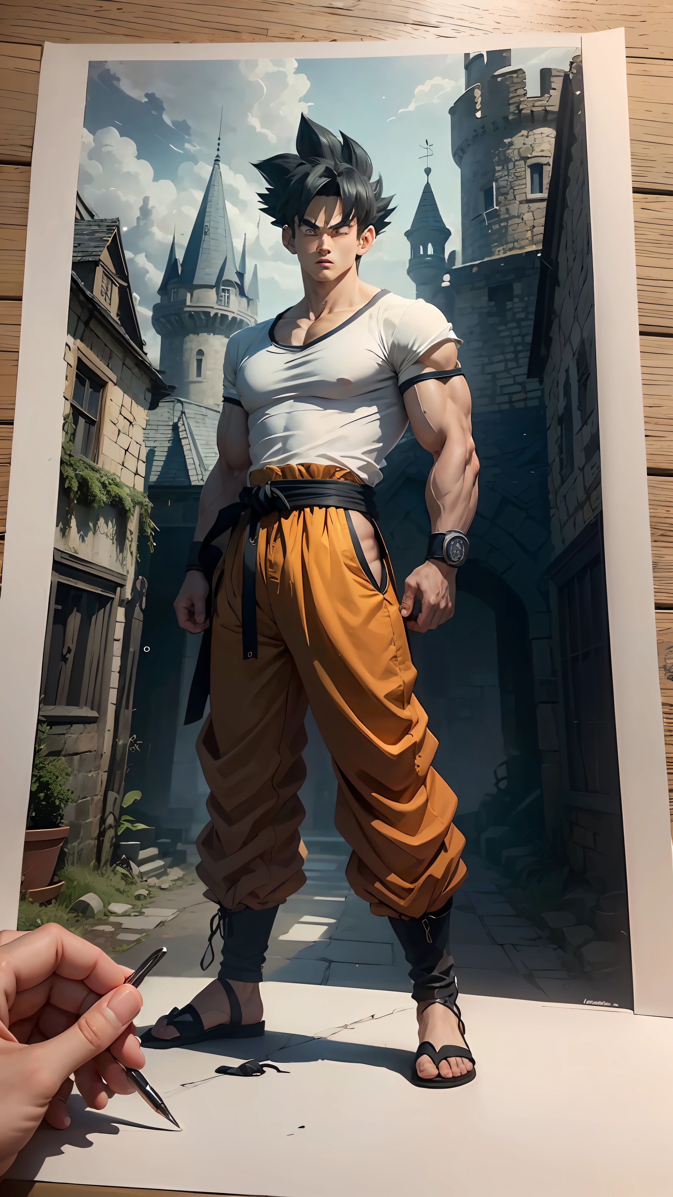 A 20-year-old goku, wearing a white shirt and black belt, is a character from the Dragon Ball series. Dark old castle landscape. Standard body, finger drawing, beautiful double eyelids, handsome face, gliulian art style, highly detailed official artwork, jin shan, official art