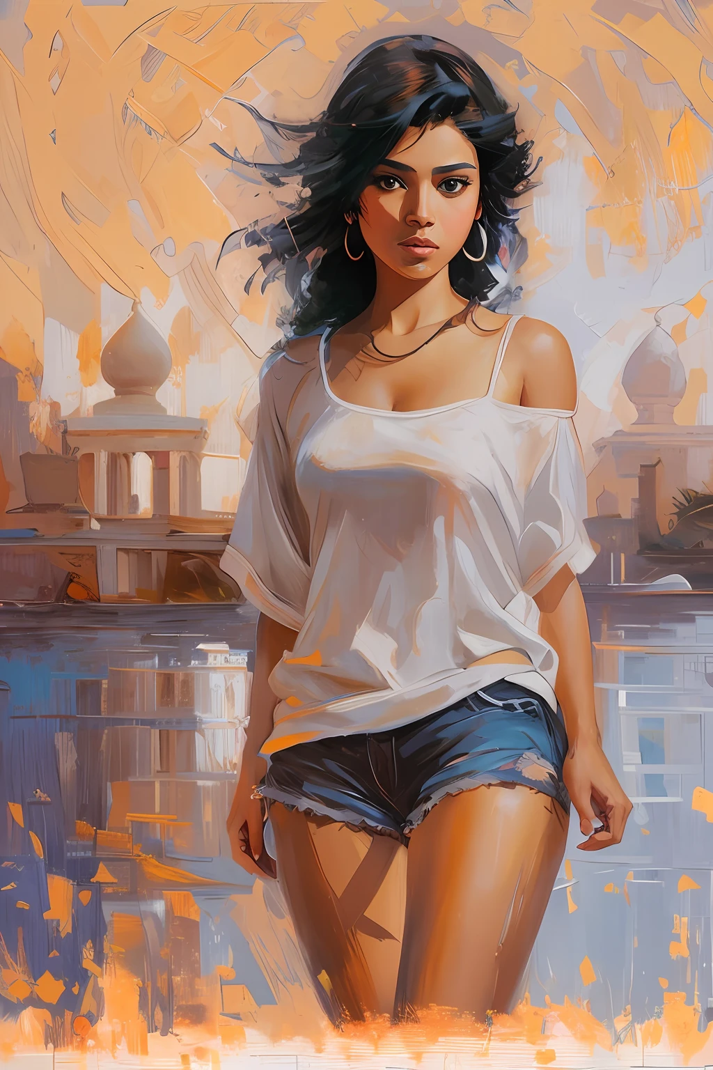 High-quality detailed image of a beautiful girl : (Mestizo: Lineament, Hindu:0,2 : Egyptian:0,3 : Darna:0,25 : Selena Quintanilla Perez:0,25) : pale skin,((Short styled hair)), High facial detail : Realistic : in a T-shirt and shorts, (oil painting:0.75), (headband:0.75),(teal:0.2),(Orange:0.2), (by Jeremy Mann:0.5), (by John Constable:0.1),(Yuriy Arkus:0.5),(acrylic paint:0.75), 8K