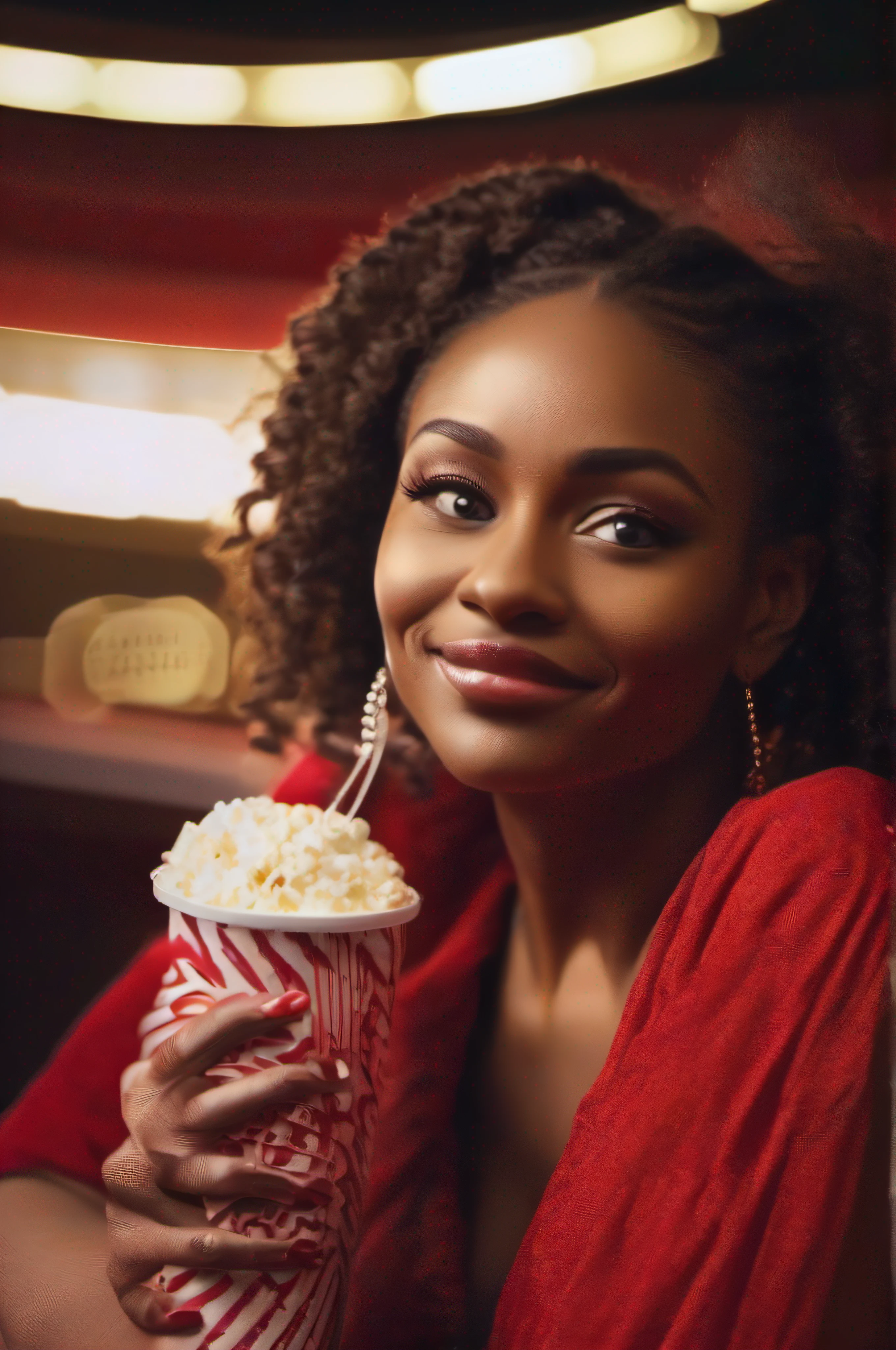 A black beautiful woman at the movies
RESPONSE VISUAL STYLE: Cinematic, GENRE: Comedy, SUBJECT(S): Woman, TIME PERIOD: Present, COLOR: Red, ASPECT RATIO: 2.35:1, FORMAT: Digital, FRAME SIZE: 4K, LENS SIZE: 85mm, COMPOSITION: Close-up, LIGHTING: Low-key, LIGHTING TYPE: Artificial, TIME OF DAY: Night, ENVIRONMENT: Interior, LOCATION TYPE: Cinema, SET: Detailed, CAMERA: Blackmagic Pocket Cinema Camera 6K Pro, LENS: Canon EF 85mm f/1.4L IS USM Lens, FILM STOCK / RESOLUTION: High Resolution, TAGS: Woman, Cinema, Comedy