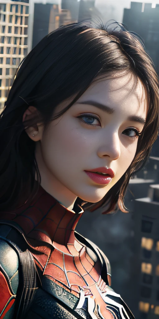 (1girl:1.3), Solo, (((Very detailed face)))), ((Very detailed eyes and face)))), Beautiful detail eyes, Body parts__, Official art, Unified 8k wallpaper, Super detailed, beautiful and beautiful, beautiful, masterpiece, best quality, original, masterpiece, super fine photo, best quality, super high resolution, realistic realism, sunlight, full body portrait, amazing beauty, dynamic pose, delicate face, vibrant eyes, (from the front), She wears Spider-Man suit, red and black color scheme, spider, very detailed city roof background, rooftop, overlooking the city, detailed face, detailed complex busy background, messy, gorgeous, milky white, highly detailed skin, realistic skin details, visible pores, clear focus, volumetric fog, 8k uhd, DSLR, high quality, film grain, fair skin, photo realism, lomography, futuristic dystopian megalopolis, translucent