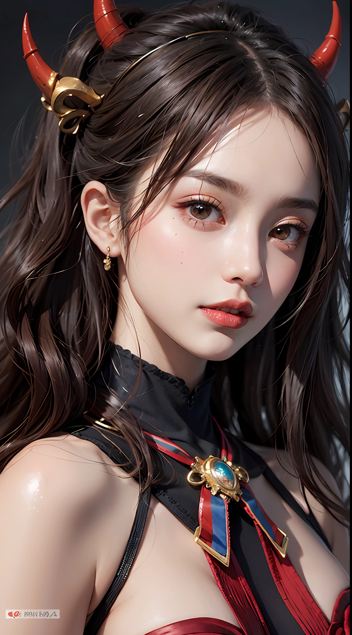 1 beautiful devil woman from hell, surreal female portrait by David Hockney and Alphonse Mucha, fantasy art, chinese doll, photorealism, dynamic lighting, artstation, poster, volumetric lighting, very detailed faces, 8k ultra, awarded, in the dark, low key, cowboy lens, (Red phoenix dress: 1.0), long hair, black hair, bust, devil's Palace, devil crown, red eyes make up very sharp and detailed, the most beautiful face, super tight breasts, breast augmentation, the breasts are very big and round and round, super realistic, chinese women's clothing, polo neck sweater, charming smile, the eyes are very well made up, ((bloodshot eyes:0.9)), guweiz, ((devil style:1.0)), wearing black mesh socks, ponytail with a bow tied at the back of the hair, plump and beautiful red lips, wearing a thin red and black robe, Hands pull the straps to reveal sexy breasts, the landscape is overcast and thunderous, (upper body portrait), close-up of the main character, (detailed spooky background:0.8), HDR, UHD, 8kquality, detailed pixel, facing the beautiful girl, looking at the girl body,