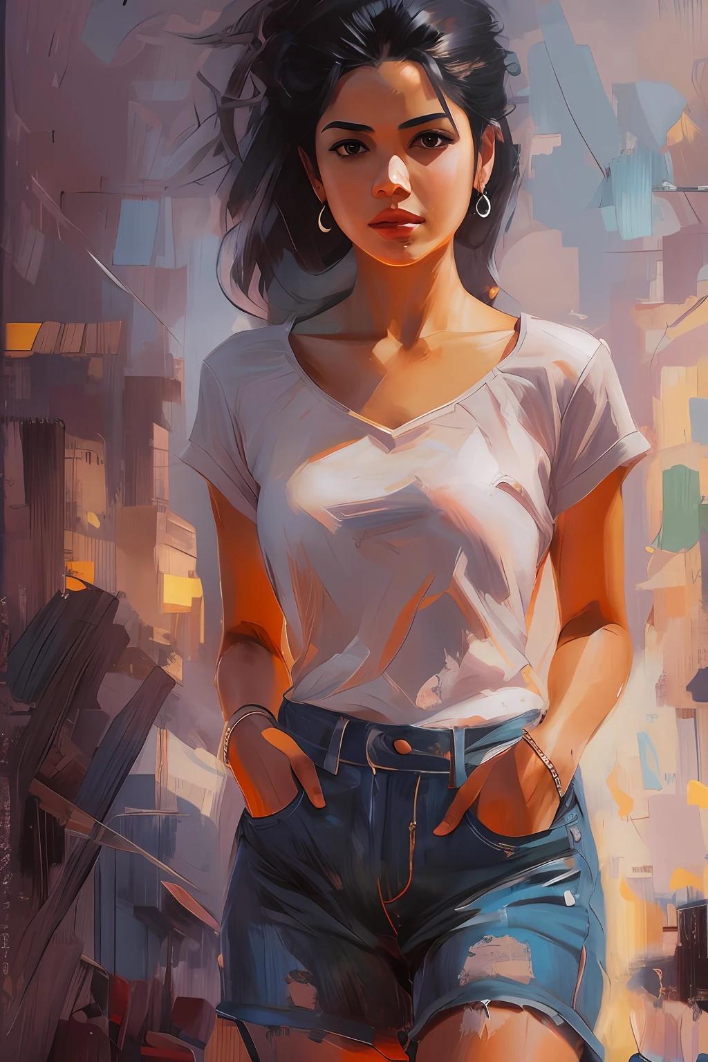 High-quality detailed image of a beautiful girl : (Mestizo: Lineament, Hindu:0,2 : Egyptian:0,3 : Darna:0,25 : Selena Quintanilla Perez:0,25) : pale skin,((Short styled hair)), High facial detail : Realistic : in a T-shirt and shorts, (oil painting:0.75), (headband:0.75),(teal:0.2),(Orange:0.2), (by Jeremy Mann:0.5), (by John Constable:0.1),(Yuriy Arkus:0.5),(acrylic paint:0.75), 8K