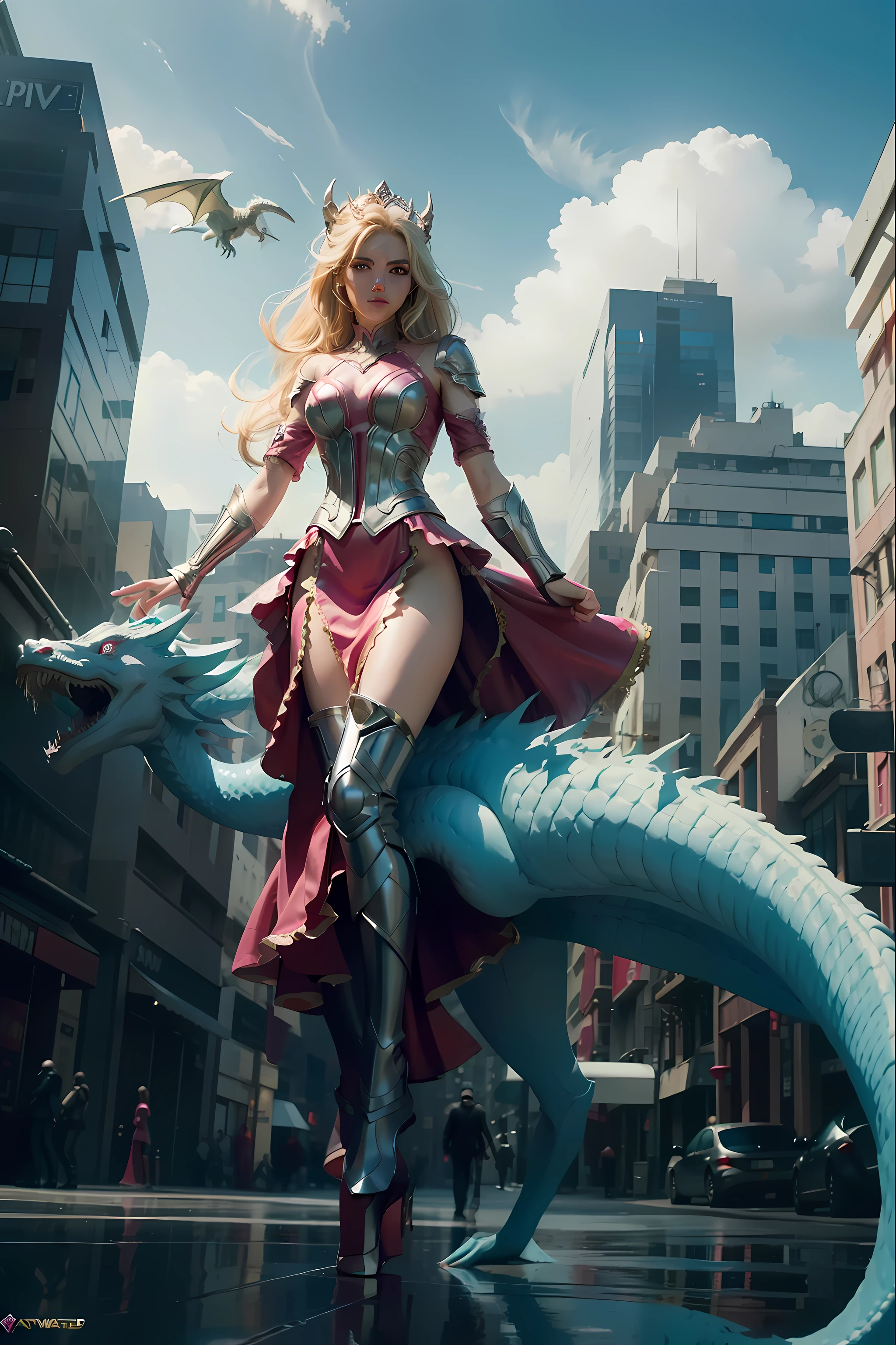 tmasterpiece，The quality is superb，ultra - detailed，Marvel cinematic style，Barbie Girl，Pink armor，Drive the white dragon over the bustling city，heroic look，cinematic compositions，Movie lighting，sunny clear sky，and the sun was shining brightly