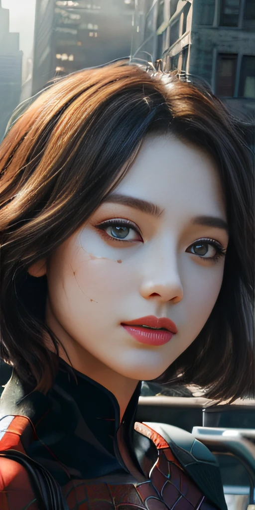 (1girl:1.3), Solo, (((Very detailed face)))), ((Very detailed eyes and face)))), Beautiful detail eyes, Body parts__, Official art, Unified 8k wallpaper, Super detailed, beautiful and beautiful, beautiful, masterpiece, best quality, original, masterpiece, super fine photo, best quality, super high resolution, realistic realism, sunlight, full body portrait, amazing beauty, dynamic pose, delicate face, vibrant eyes, (from the front), She wears Spider-Man suit, red and black color scheme, spider, very detailed city roof background, rooftop, overlooking the city, detailed face, detailed complex busy background, messy, gorgeous, milky white, highly detailed skin, realistic skin details, visible pores, clear focus, volumetric fog, 8k uhd, DSLR, high quality, film grain, fair skin, photo realism, lomography, futuristic dystopian megalopolis, translucent