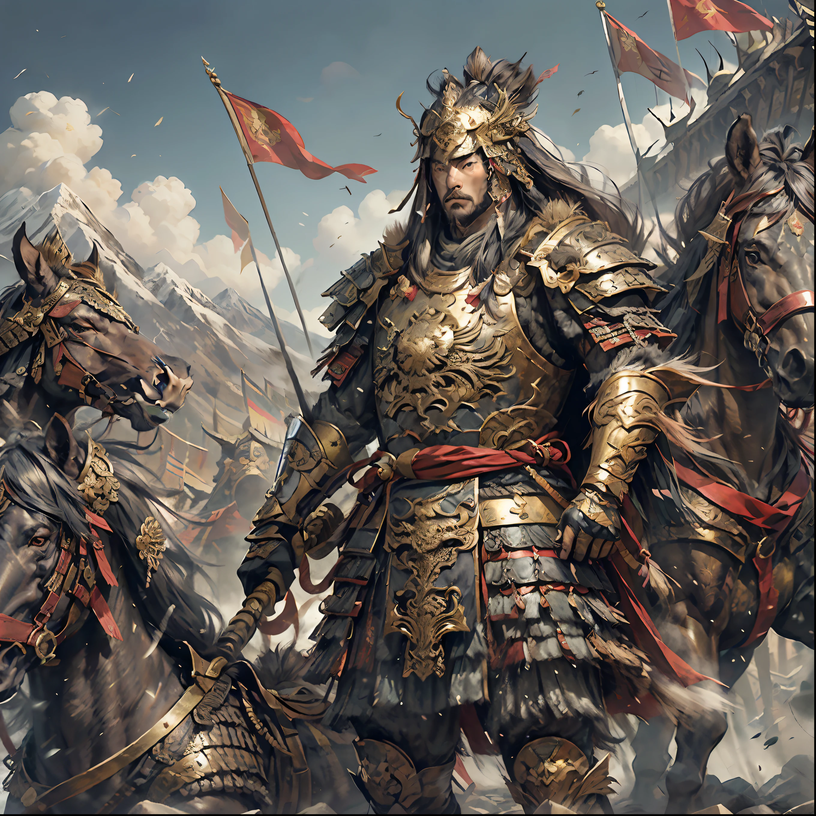 A mighty and courageous military commander during the Western Han Dynasty of China，His image is majestic and heroic。He was tall and strong，It stands tall like a mountain。His thick black hair fell like a waterfall over his broad shoulders，Reflecting his resolute and deep eyes。The firmness and wisdom revealed in those eyes，As if it can penetrate the intrigues and tricks of the enemy。
General Huo Qubing wore gorgeous and sturdy gold armor，blingbling，Remarkable。The armor is engraved with dragon and phoenix motifs，Symbolizes his royal majesty and invincible military might。On his right waist hangs a sword，The sword body is shiny，Set with precious stones，It emits a cold light，Demonstrate his status as a commander and his determination to fight fearlessly。
General Huo Qubing held a huge general flag in his hand，The flag is embroidered with a majestic dragon pattern，Windswept the wind。Raise the flag high，Symbolizing his inspiration and leadership of the soldiers。The line behind him was neatly arranged，Be disciplined，The soldiers were all mighty and powerful，Blade in hand，Wearing armor，Confidence and the will to fight filled everyone's eyes。
General Huo Qubing rode a tall and robust war horse，The sound of horses' hooves treading on the ground shook the world，Raise your head and neigh。He seems to be one with the war horse，Together, they demonstrate unparalleled power and speed。Behind him was a battlefield of smoke and dust，The sound of war drums and war roars are intertwined，The whole picture seems to bring people back to that ancient era，I felt the smoke of war and the bravery of the strong men。