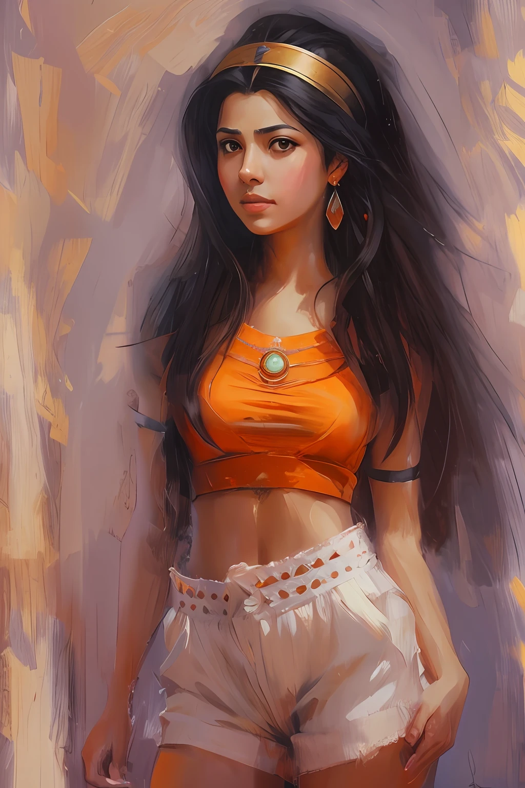 High-quality detailed image of a beautiful girl : (Mestizo: Lineament, Hindu:0,2 : Egyptian:0,3 : Darna:0,25 : Selena Quintanilla Perez:0,25) : pale skin,((Short styled hair)), High facial detail : Realistic : in a T-shirt and shorts, (oil painting:0.75), (headband:0.75),(teal:0.2),(Orange:0.2), (by Jeremy Mann:0.5), (by John Constable:0.1),(Yuriy Arkus:0.5),(acrylic paint:0.75), 8K