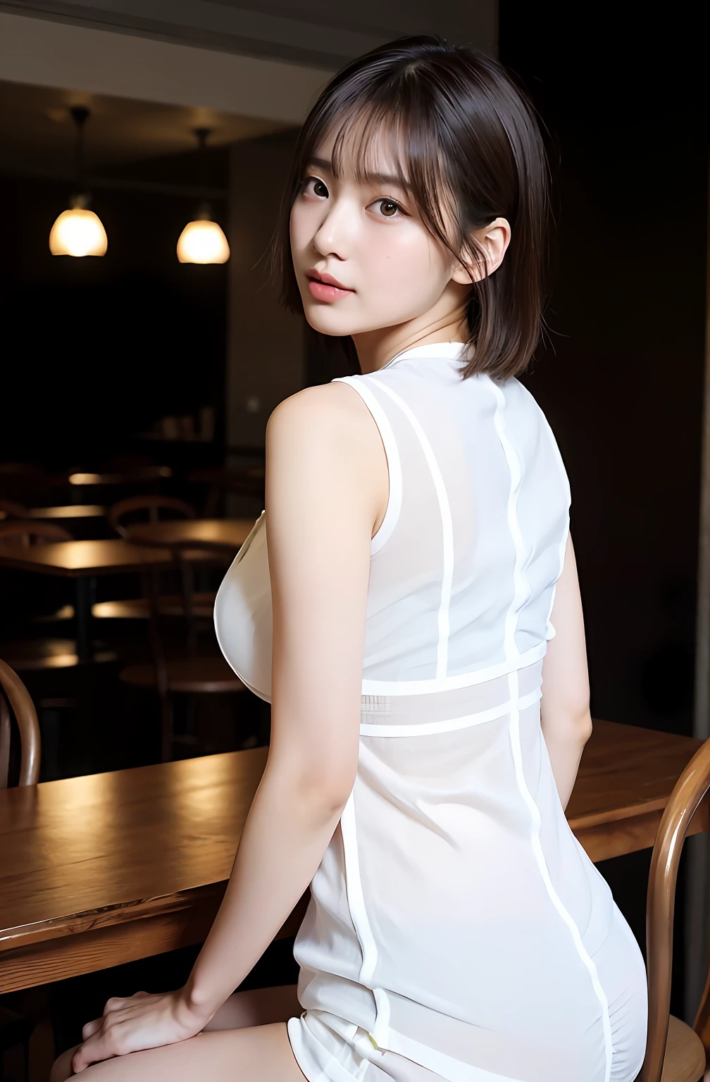 ((8K:1.27)、top-quality、masterpiece、超A high resolution:1.2)Photo beautiful Chinese woman(pleasing:1.1) (The shirt:1.21) Elegance、There is a good、Gradient lighting、1girl in、Delicate skin、Look here、Brown-eyed、(short hair with bangs:1.2)、(breasts are large:1.0)、(medium areola:0.8)、(realisitic:1.4)、(top-quality:1.0)、(超A high resolution:1.0)、8K、Raw photography、(masterpiece:0.2)、(pureerosface_v1:0.5)、 White linen clothes、Sleeveless、Kamimei、excited expressions、Red cheeks、want me、Staring at this、cafes、Table seating、sideways Facing、Ass big、Angle from the side、Lean、Coffee、Colossal tits、(Place it big on the table)、You can see up to the buttocks、big butts、From the knee up、Pull the camera a little more、stick out buttocks、Turn your butt towards us、You can see the shape of the buttocks well、A little see-through、