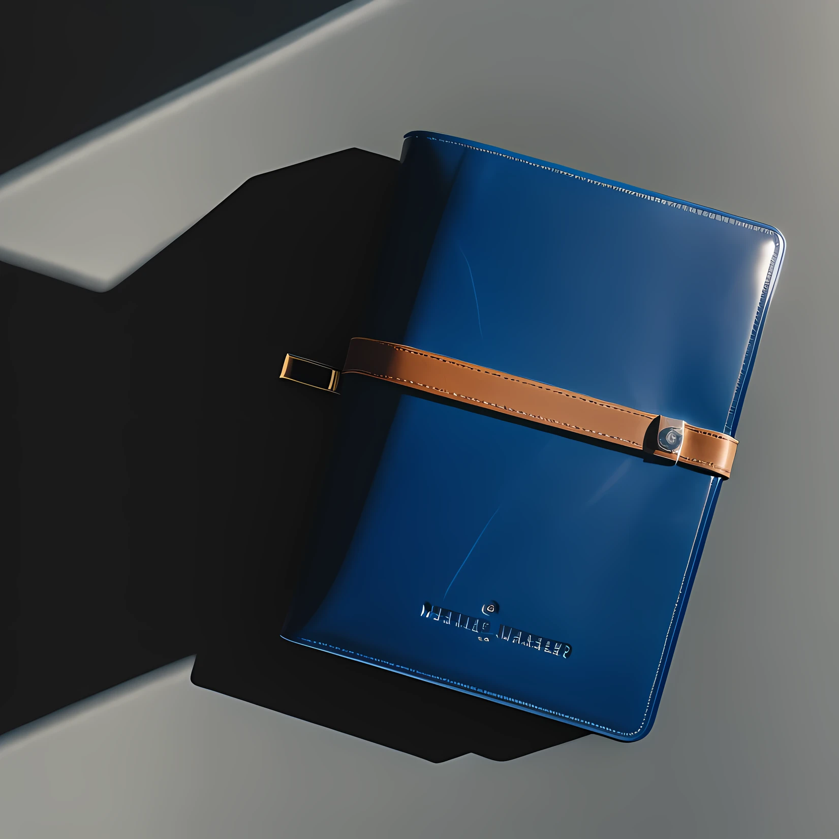 There is a blue leather folder on the table, product design shot,Close-up Shot Shot,Bottom view,luxury journal cover, Stereoscopic product rendering, product design render, 3 d product render, GRAPHITE, photoreal render, exquisite and smooth details, briefcase, author:Matthias Wescher,Natural light and shadow