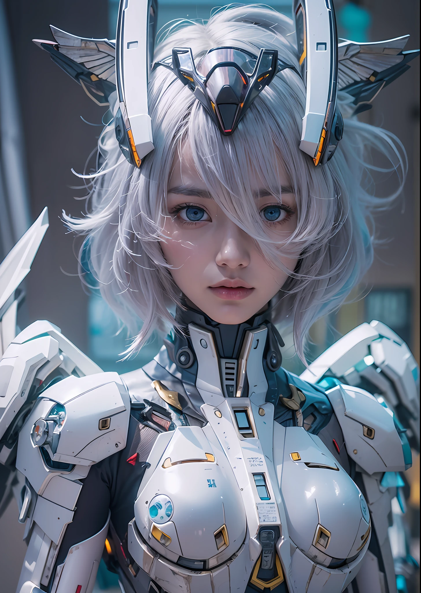 top-quality、​masterpiece、超A high resolution、(Photorealsitic:1.4)、Raw photo、Battle Cyborg Angel、large wings made of metal、White porcelain body、Acrylic Clear Cover、white  hair、glowy skin、1 Cyborg Girl、((super realistic details))、portlate、globalillumination、Shadow、octan render、8K、ultrasharp、character edge light,Colossal tits、Raw skin is exposed in cleavage、Details of complex ornaments、Double Zeta Gundam details、Hydraulic cylinder、Small LED lamp、highly intricate detail、Realistic light、a purple eye、radiant eyes、Facing the camera、neon details、cowboy  shot、Futuristic headgear、About Cyberpunk、、