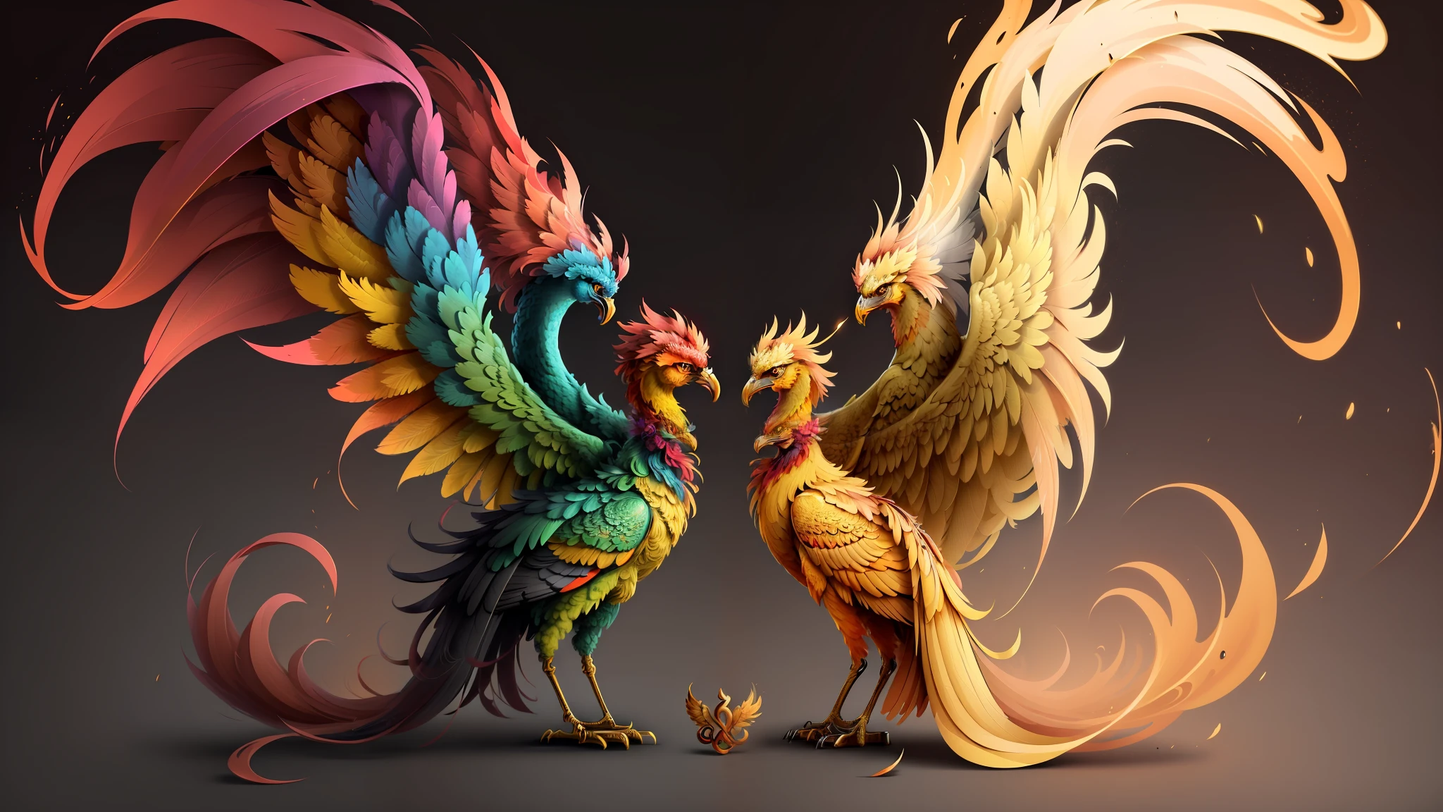 Color drawing of colored phoenixes in U-shaped frame，highly detailed and hypnotic，symmetrical and detailed，intricate digital art，highly  detailed，Highly meticulous，Badges，Clean background，The two phoenixes are in the shape of a U