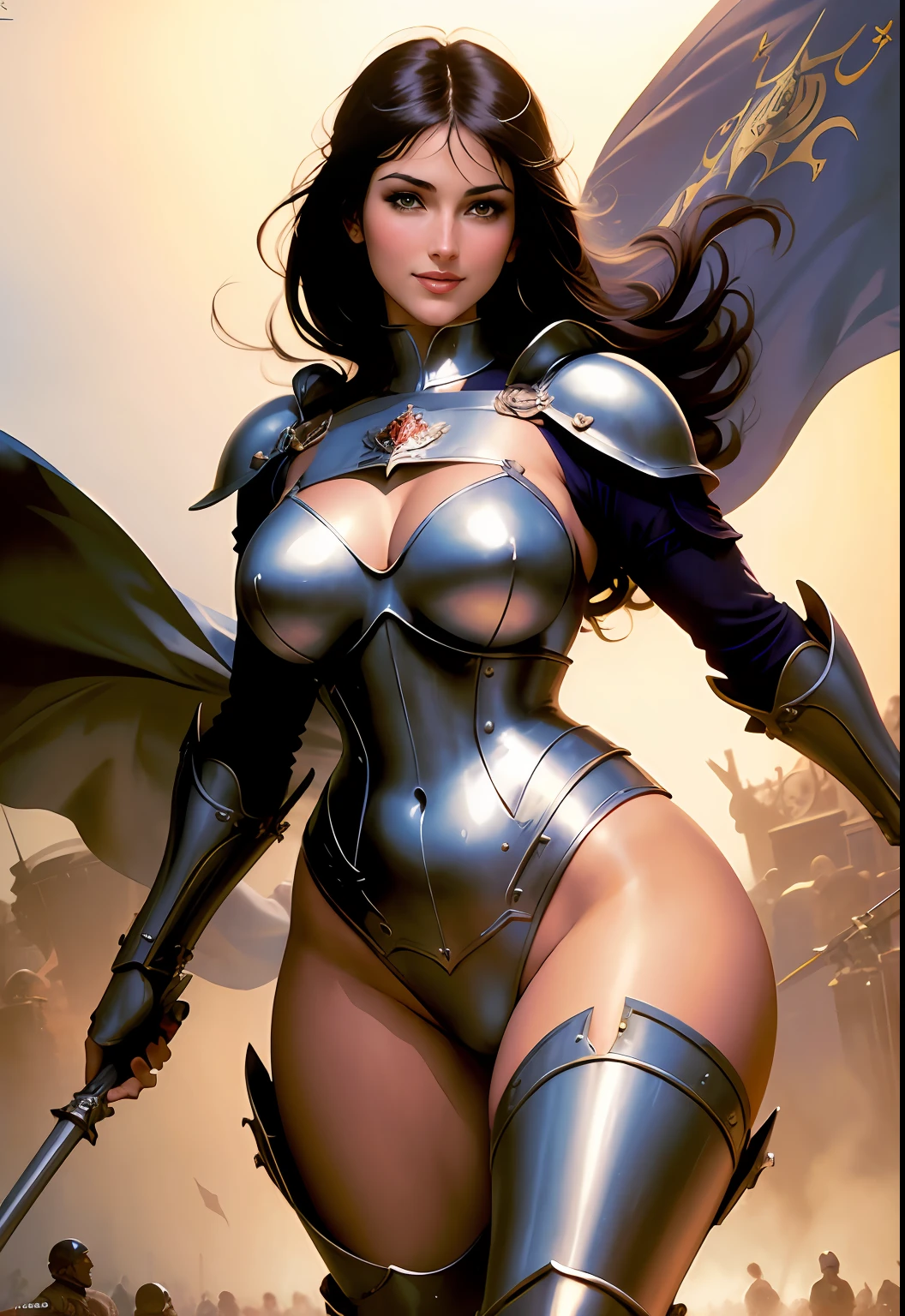 Lucy Pinder as Joan of Arc , feminine, beautiful, slender, smiling , busty, wide hips, standing in a battlefield, wearing armour, smiling, short black hair, day light, army in background, full body, butt visible, graceful, realistic, light effects, by Boris Vallejo, Frank frazetta, Louis royo